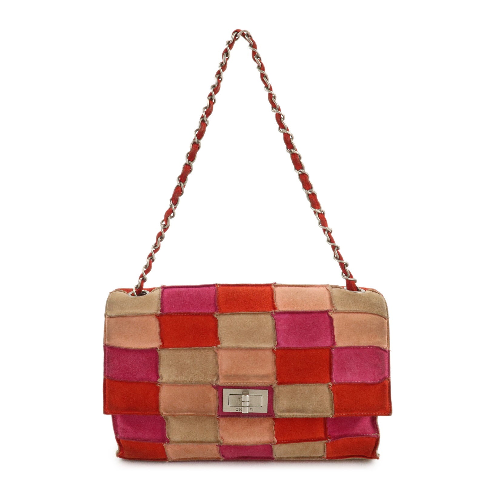 CHANEL-Suede-Patchwork-Shoulder-Bag-Pink-Beige-Red