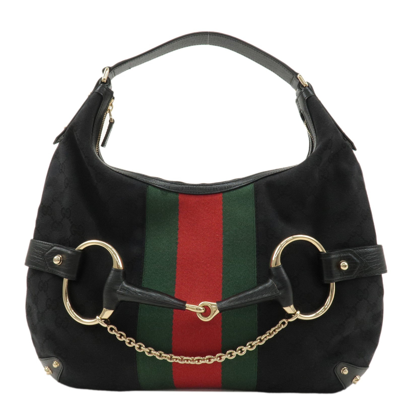 GUCCI-Horsebit-GG-Canvas-Leather-Shoulder-Bag-Black-131026