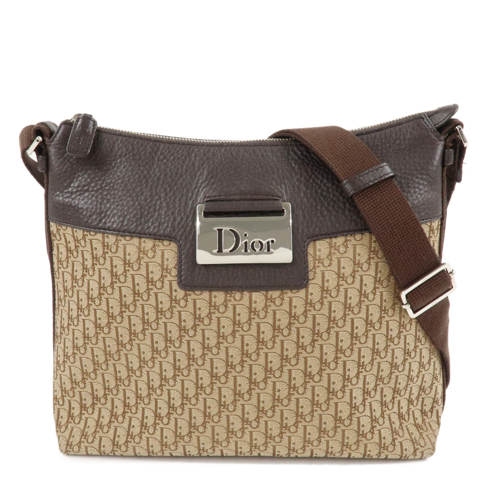 Christian-Dior-Trotter-Canvas-Leather-Shoulder-Bag-Beige-Brown