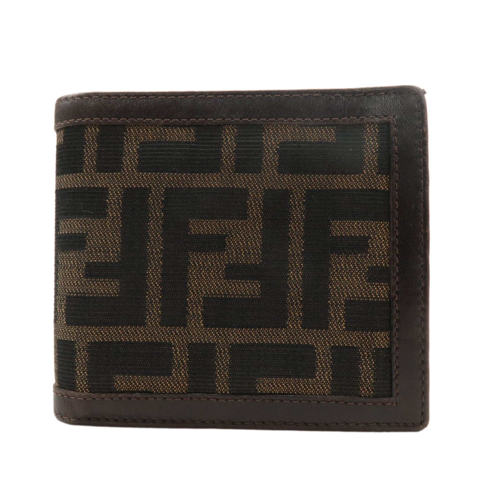 FENDI-Zucca-Canvas-Leather-Bi-fold-Wallet-Brown-Black-1445