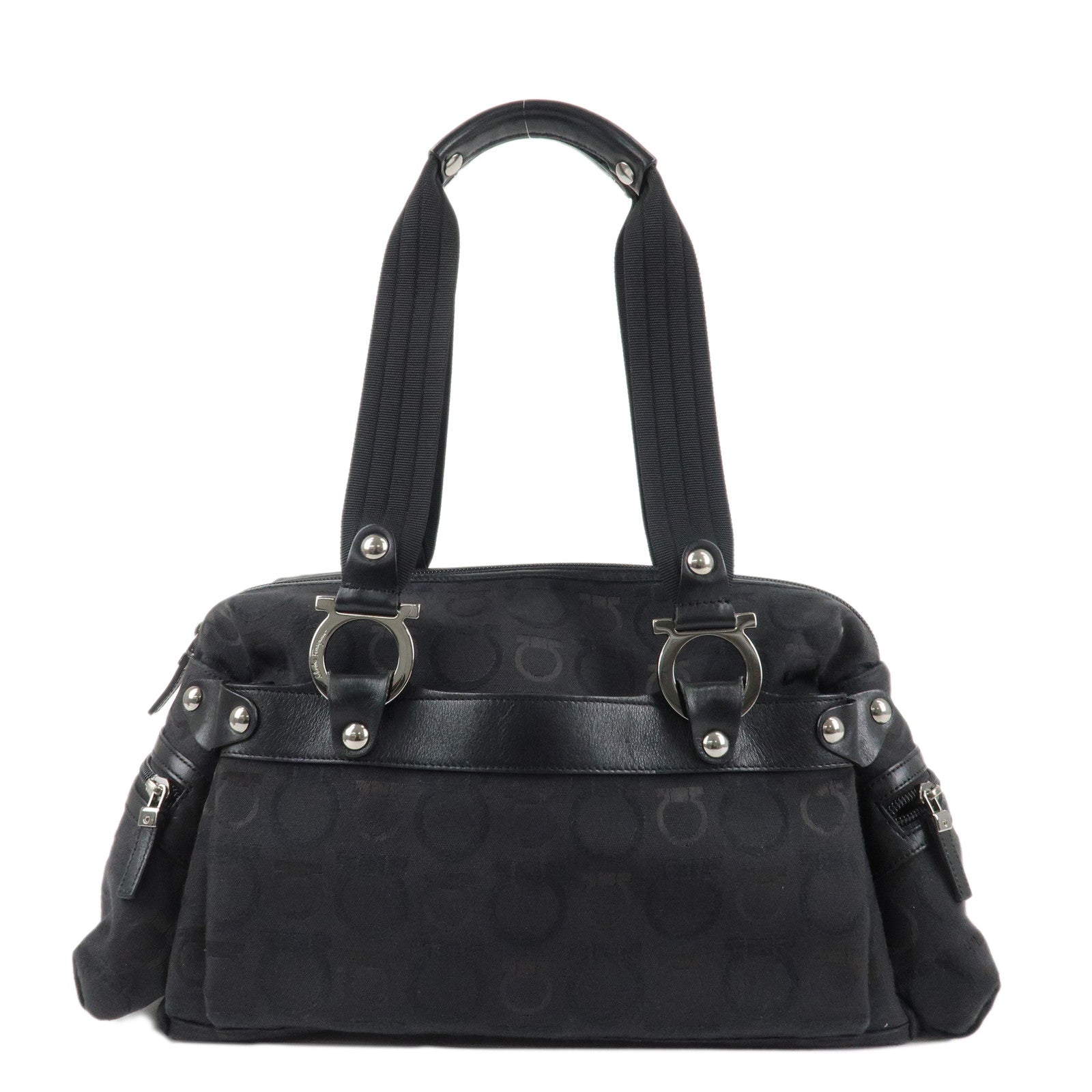 Ferragamo-Gancini-Pattern-Canvas-Leather-Boston-Bag-Black