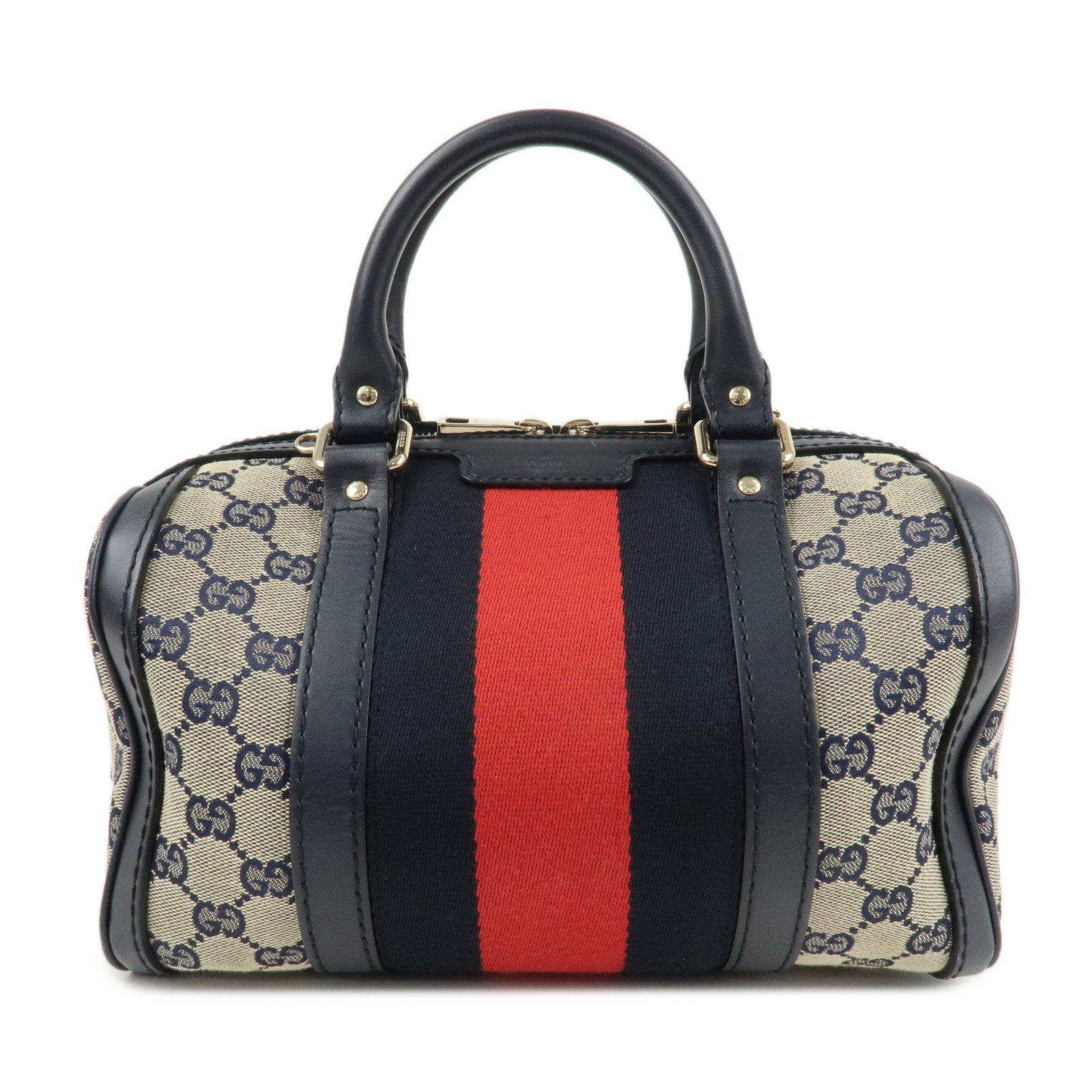 GUCCI-Sherry-GG-Canvas-Leather-Boston-Bag-Beige-Navy-269876