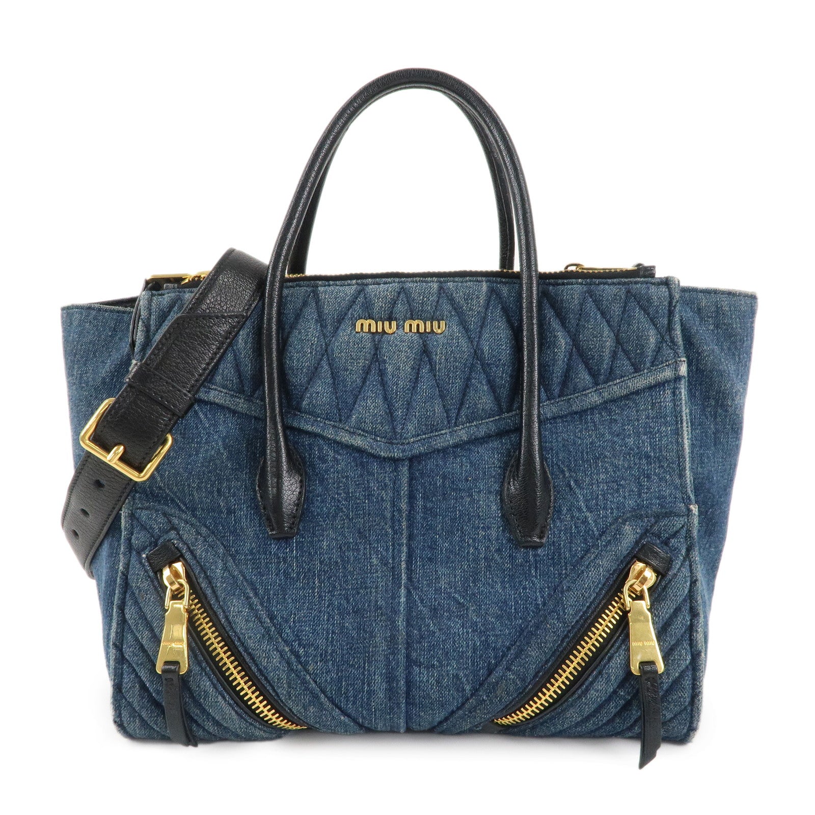 MIU-MIU-Denim-Leather-Biker-2WAY-Bag-Blue-Black-RN1031