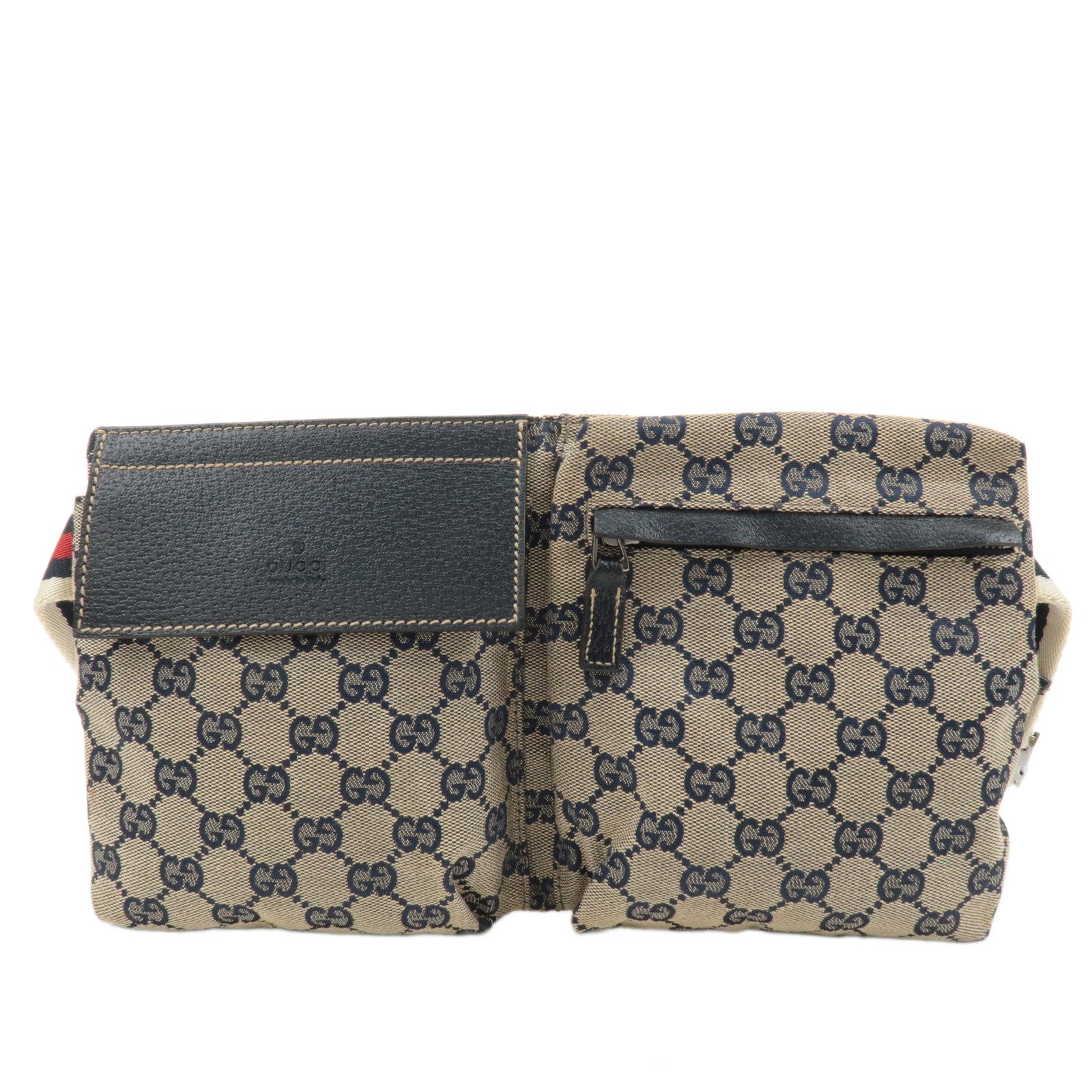 GUCCI-Sherry-GG-Canvas-Leather-Waist-Bag-Beige-Navy-28566