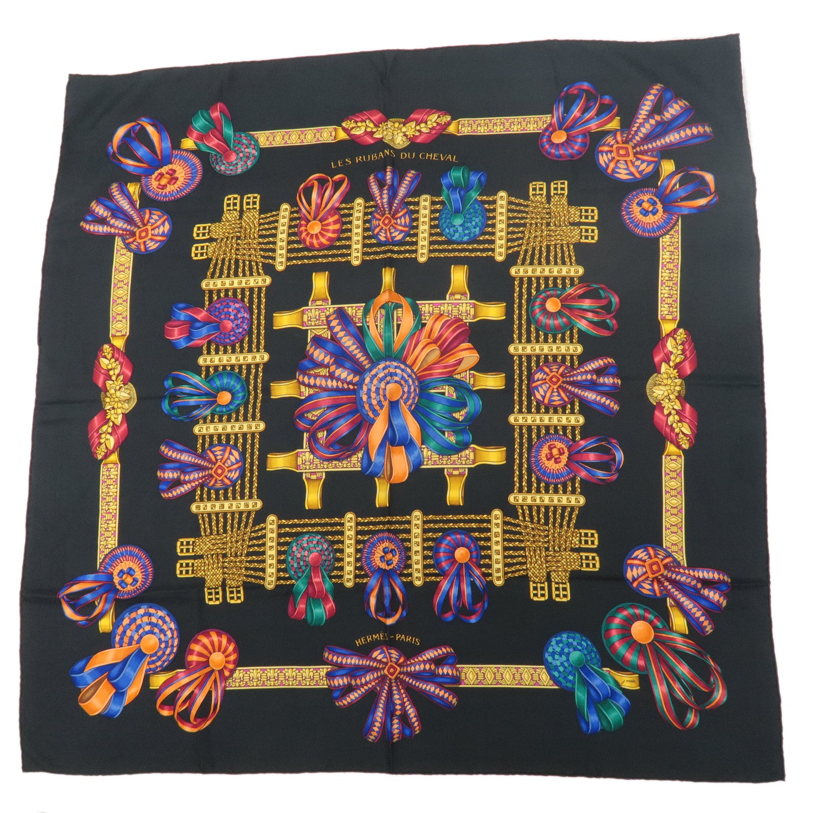 HERMES Carre 90 100% Silk Scarf LES RUBANS DU CHEVAL Horse Ribbon