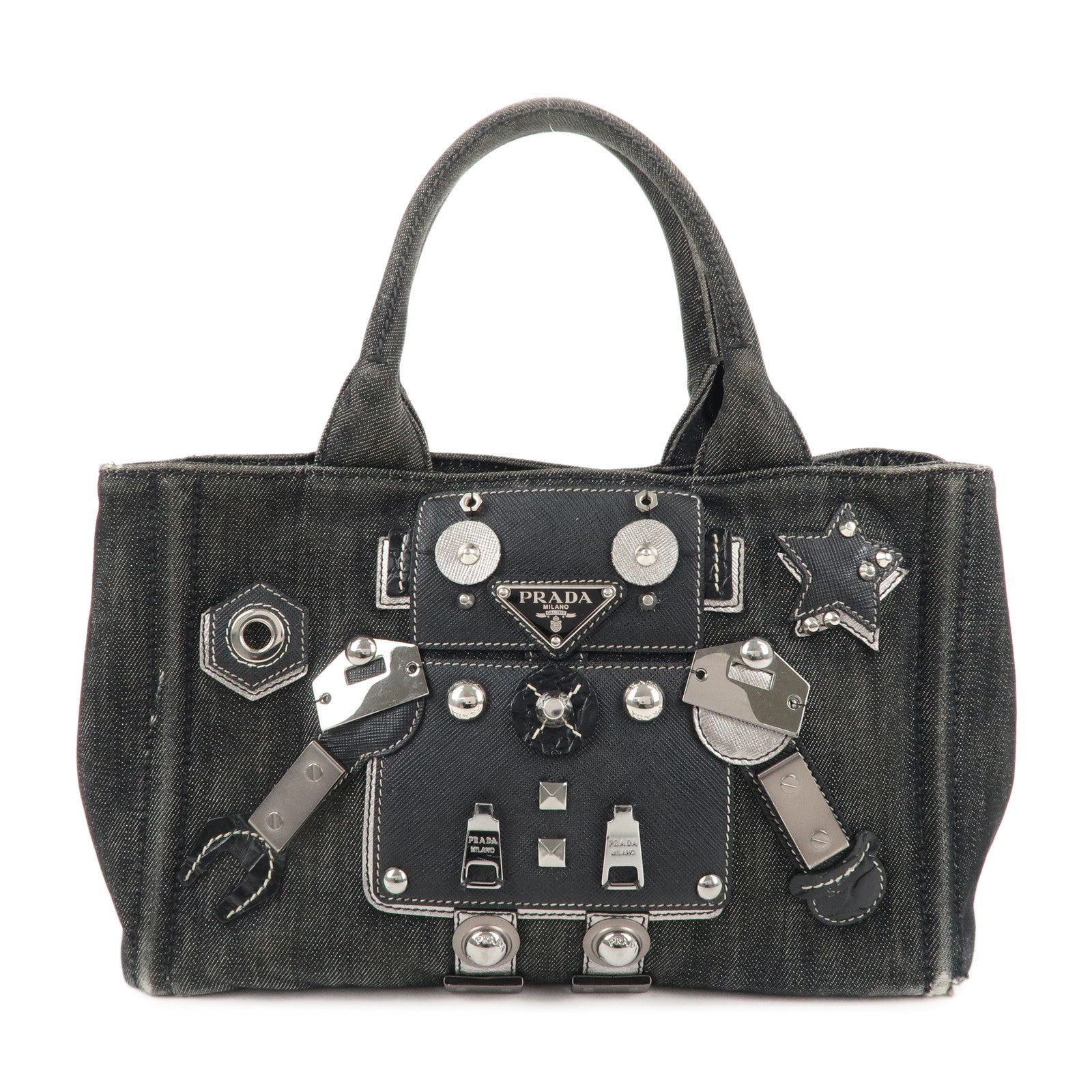 PRADA-Logo-Canapa-Mini-Denim-Canvas-Hand-Bag-Robot-Black-1BG439