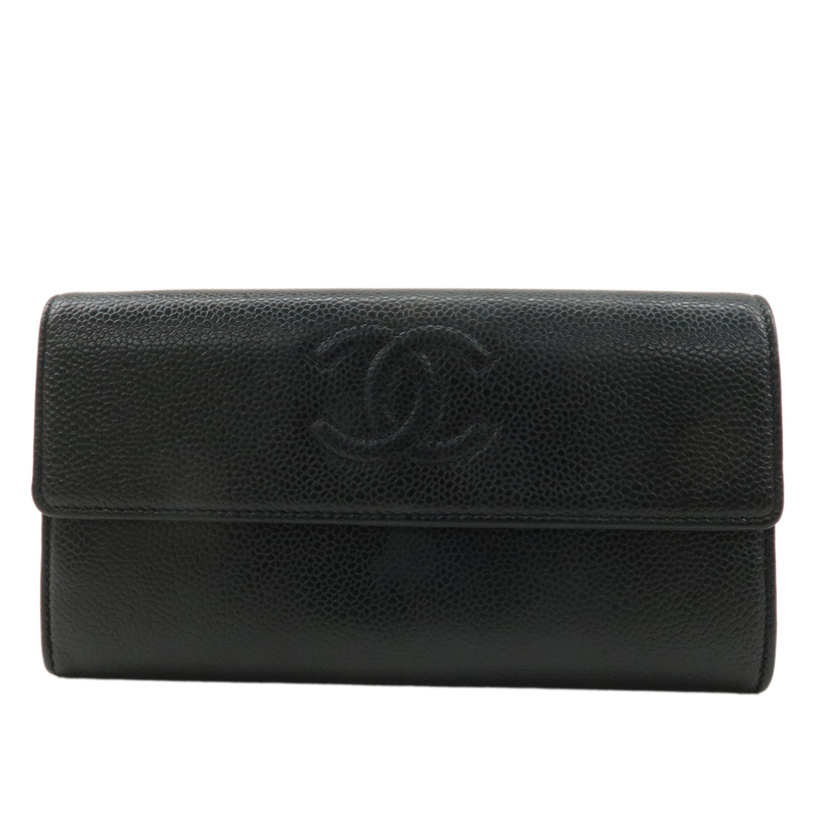 CHANEL Caviar Skin Coco Mark Bi-fold Long Wallet Black