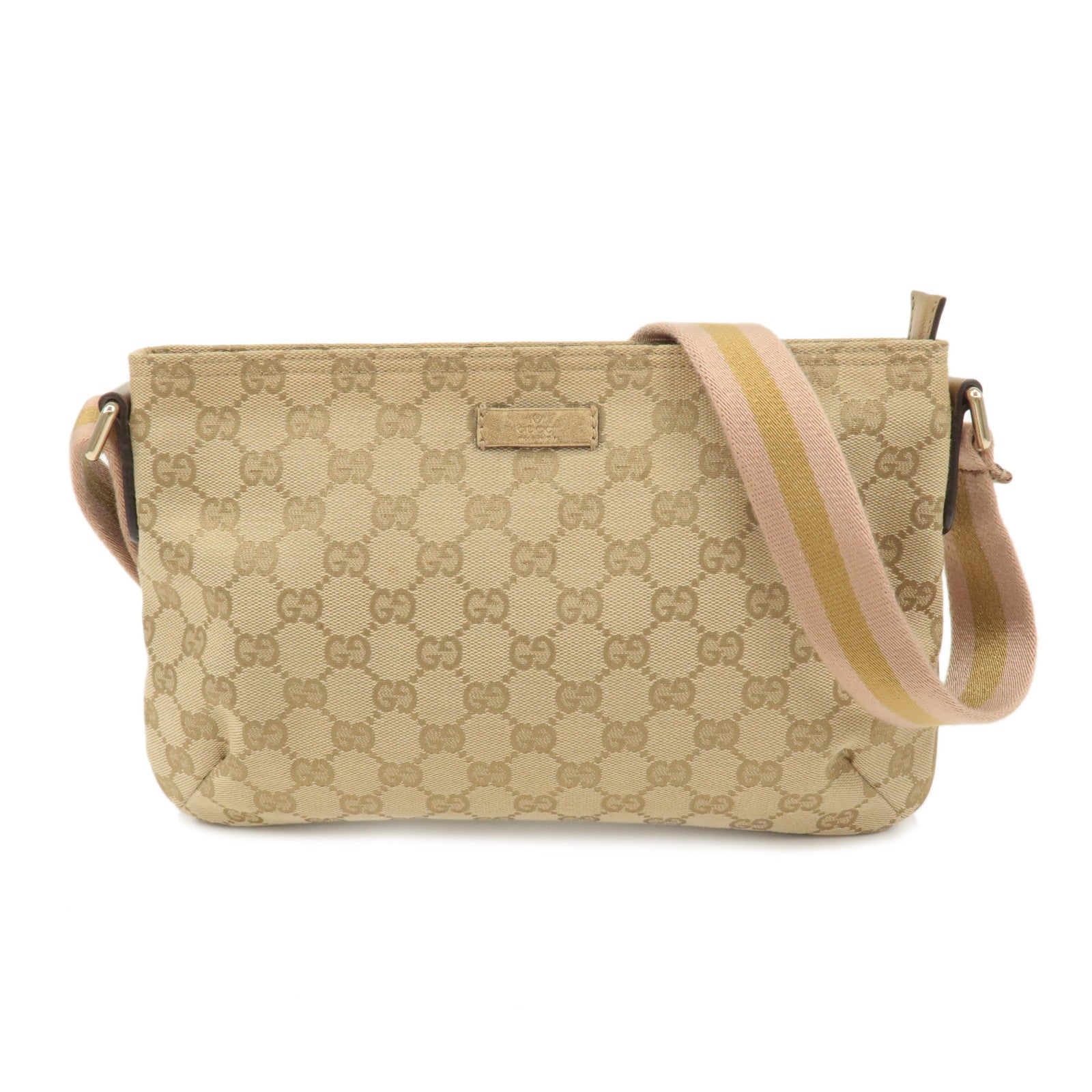 GUCCI GG Canvas Leather Shoulder Bag Purse Beige Gold 189749