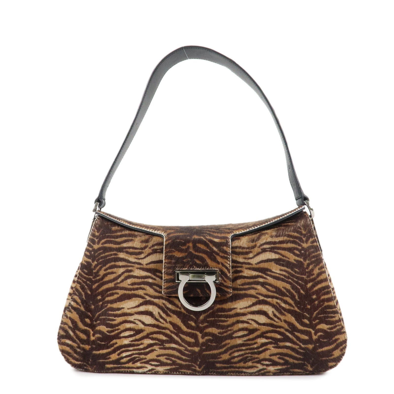 Ferragamo-Gancini-Unborn-Calf-Shoulder-Bag-Brown-Silver-Hardware