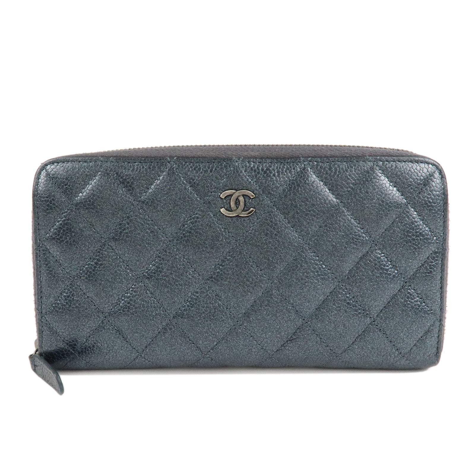 CHANEL-Matelasse-Caviar-Skin-Zip-Around-Long-Wallet-Metal-Blue