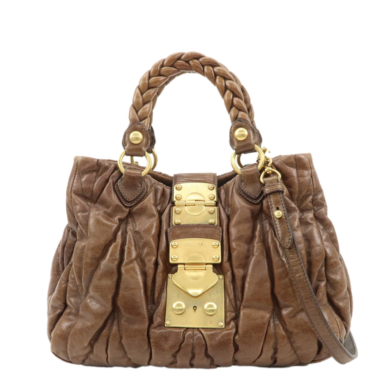 MIU-MIU-Matelasse-Leather-2Way-Hand-Bag-Shoulder-Bag-Brown-RN0473