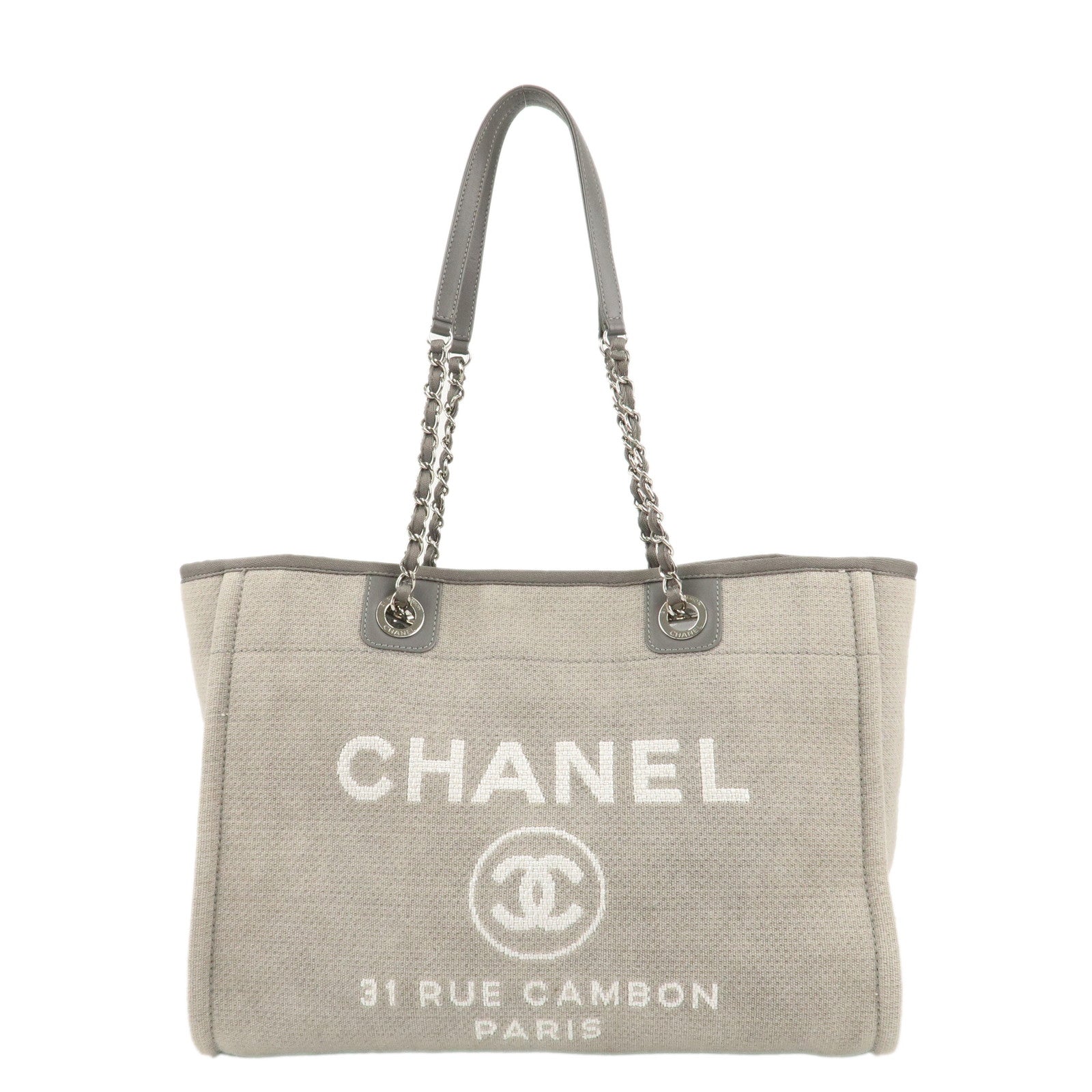 CHANEL-Deauville-Canvas-Leather-Chain-Tote-Bag-Gray-A67001