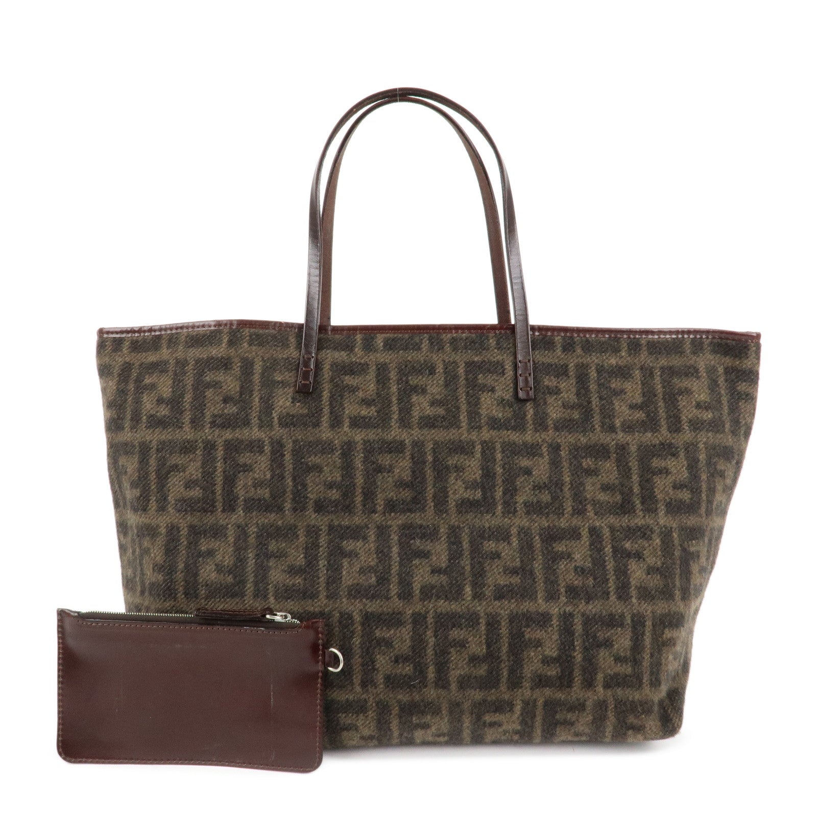 FENDI-Zucca-Wool-Leather-Tote-Bag-Khaki-Black-Dark-Brown