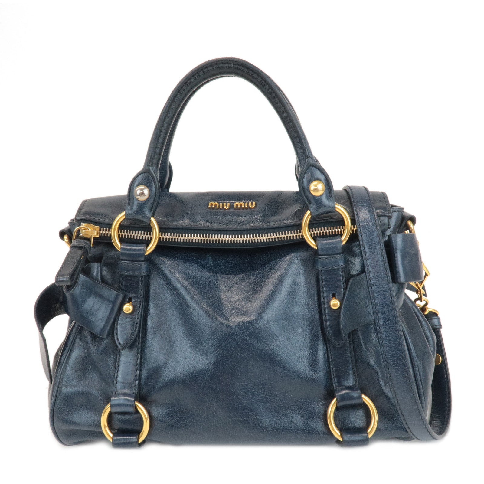 MIU-MIU-Ribbon-Leather-2Way-Shouder-Bag-Hand-Bag-Navy