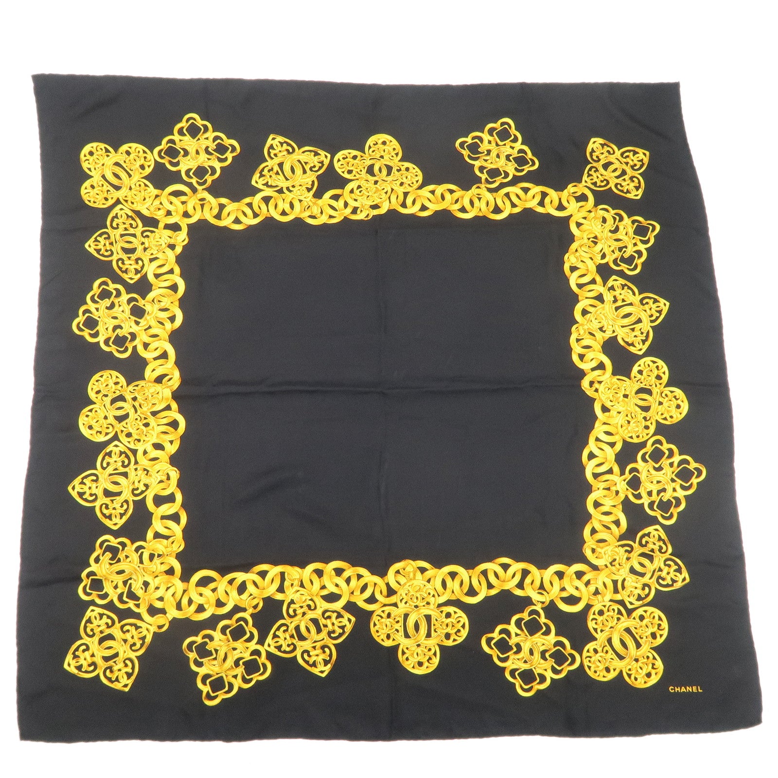 CHANEL-Silk-100%-Scarf-90×90-Black-Gold