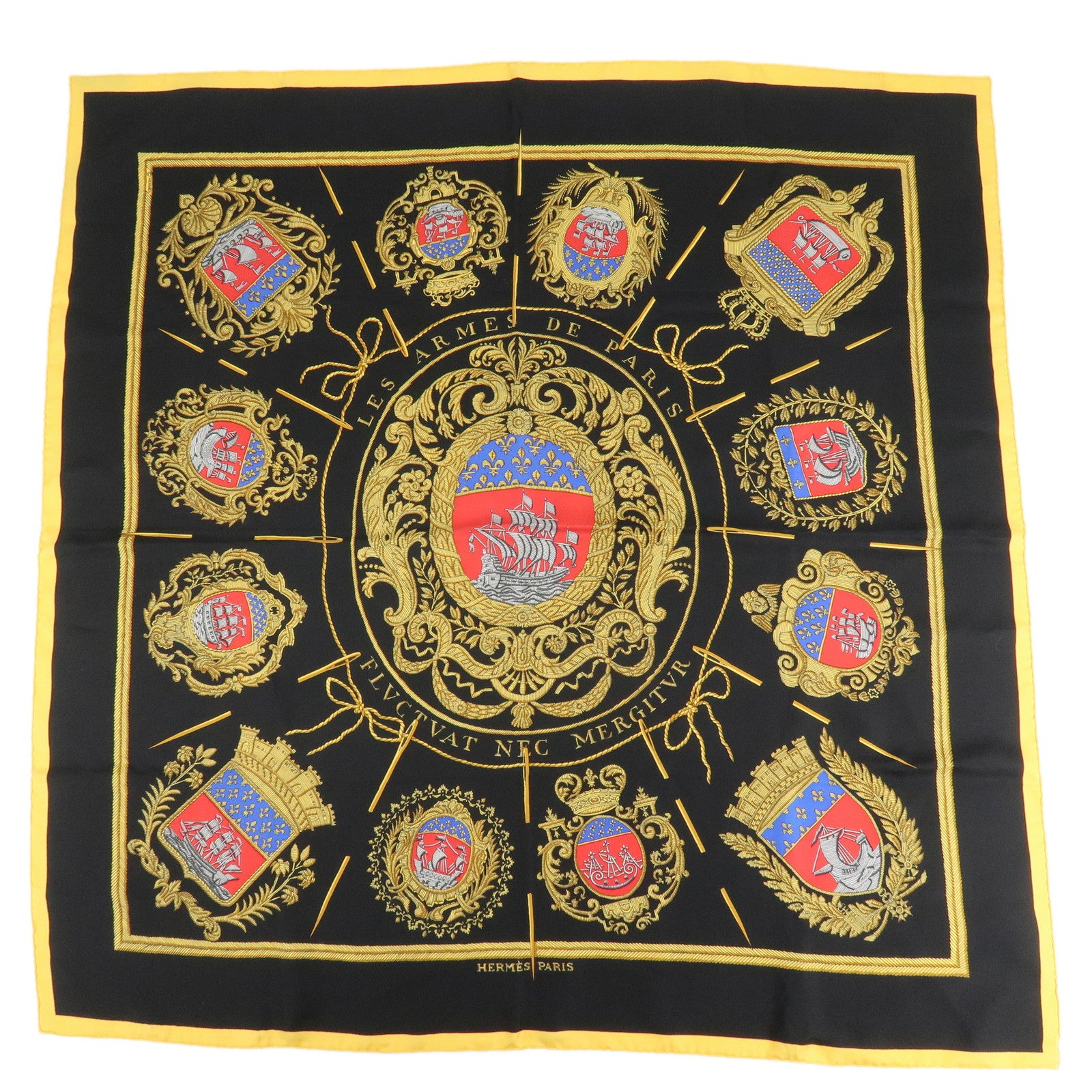 HERMES-Carre-90-Silk-100%-Scarf-LES-ARMES-DE-PARIS-Black-Gold