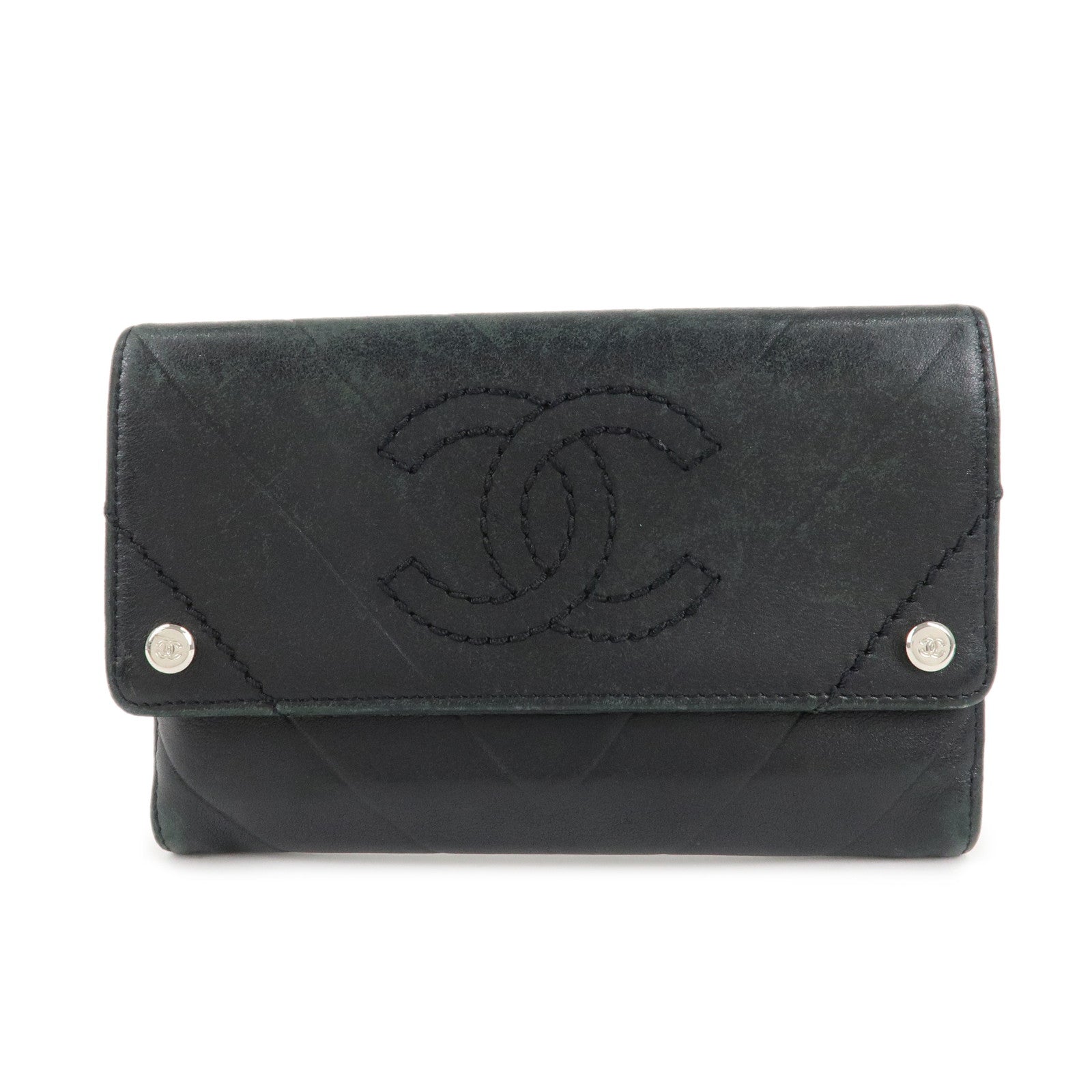 CHANEL-V-Stitch-Lamb-Skin-Coco-Mark-Bi-fold-Wallet-Black