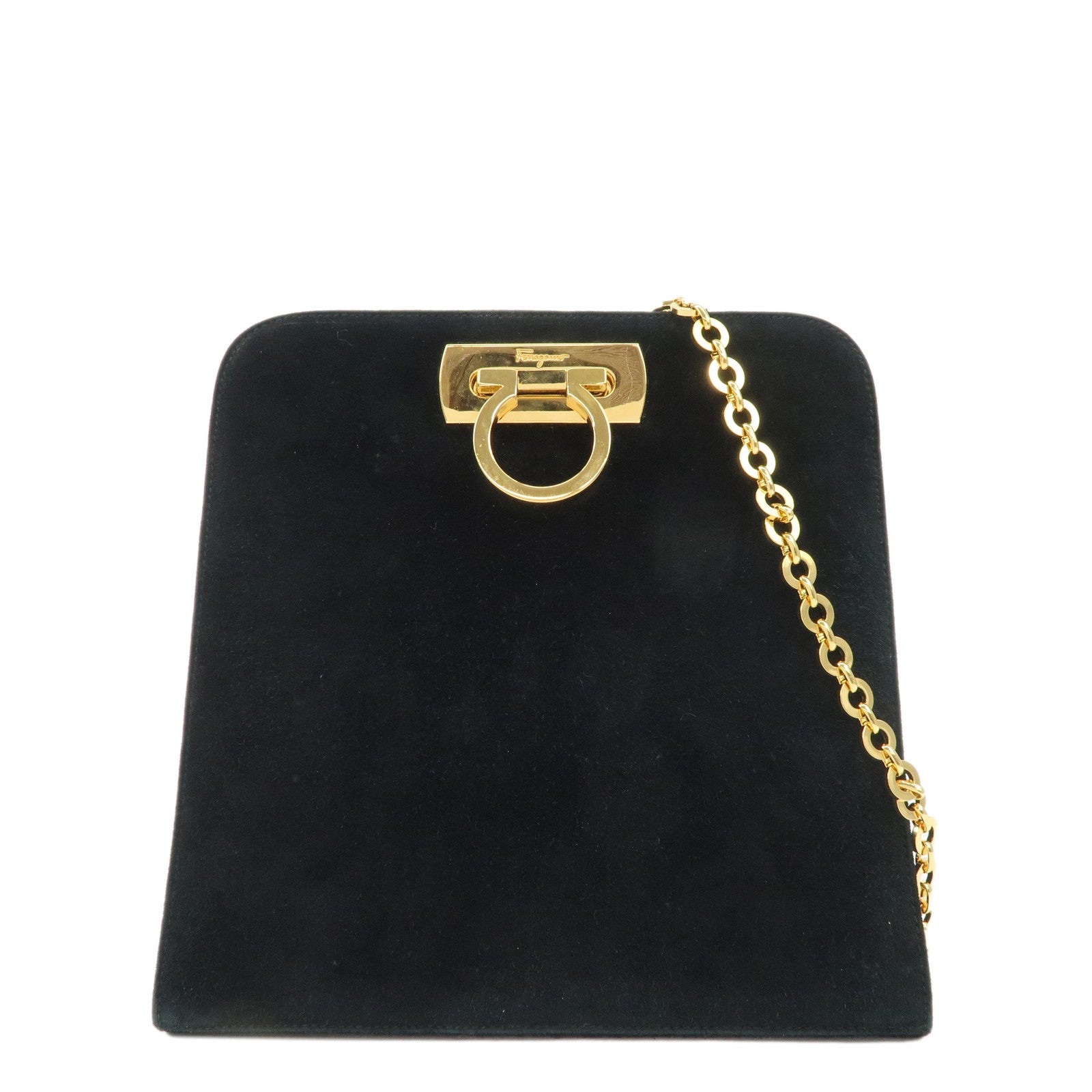 Salvatore-Ferragamo-Gancini-Suede-Chain-Shoulder-Black-Bag