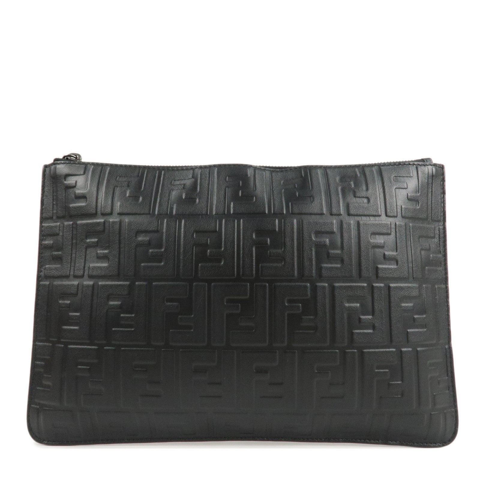 FENDI-Zucca-Leather-Clutch-Bag-Hand-Bag--Black-7N0078