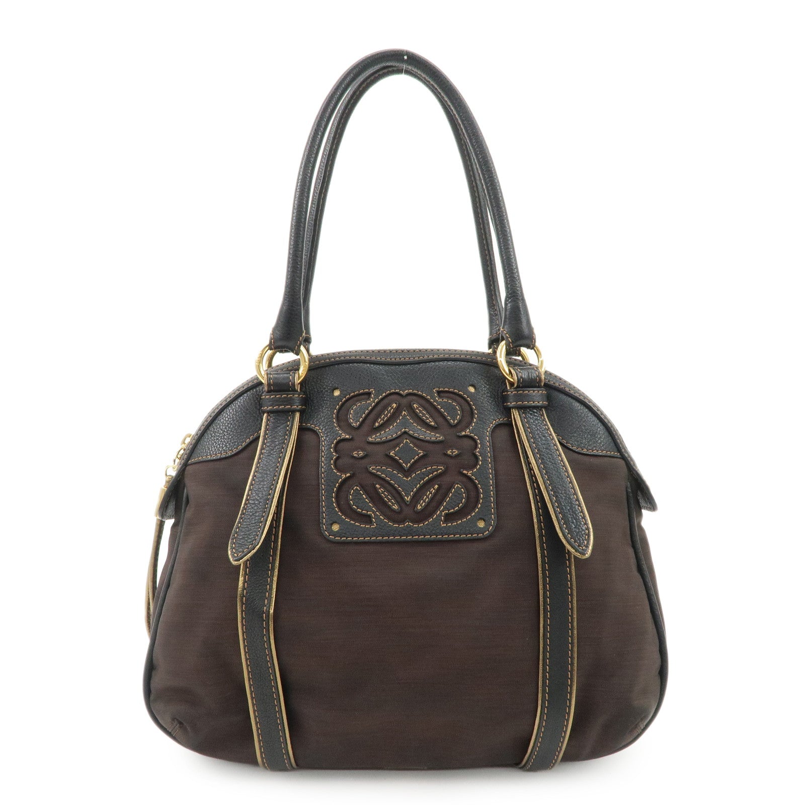 LOEWE-Anagram-Canvas-Leather-Hand-Bag-340807-Brown-Black