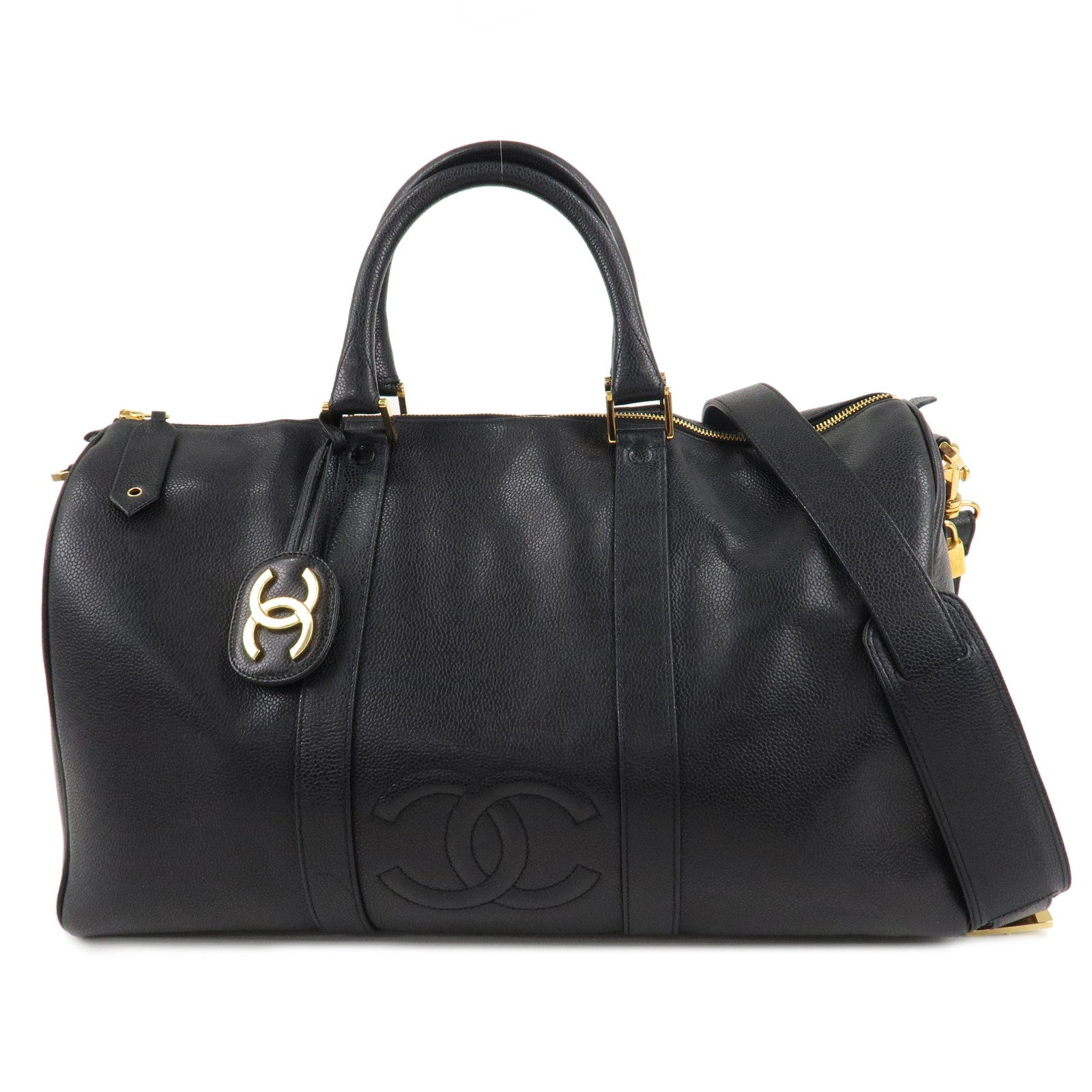 CHANEL-Caviar-Skin-Coco-Mark-2Way-Hand-Bag-Boston-Bag-Black