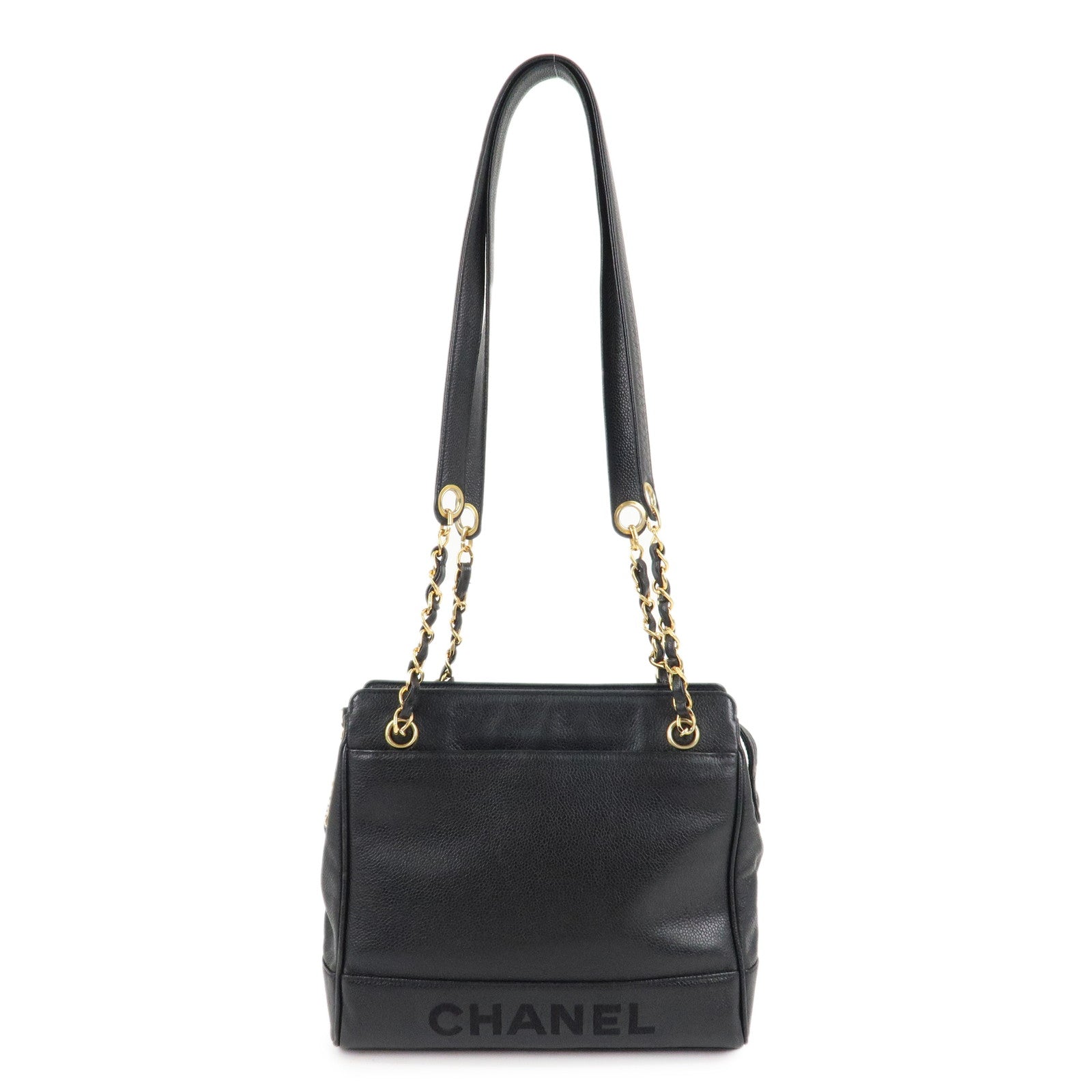 CHANEL-Caviar-Skin-Chain-Shoulder-Bag-Black-Gold-Hardware