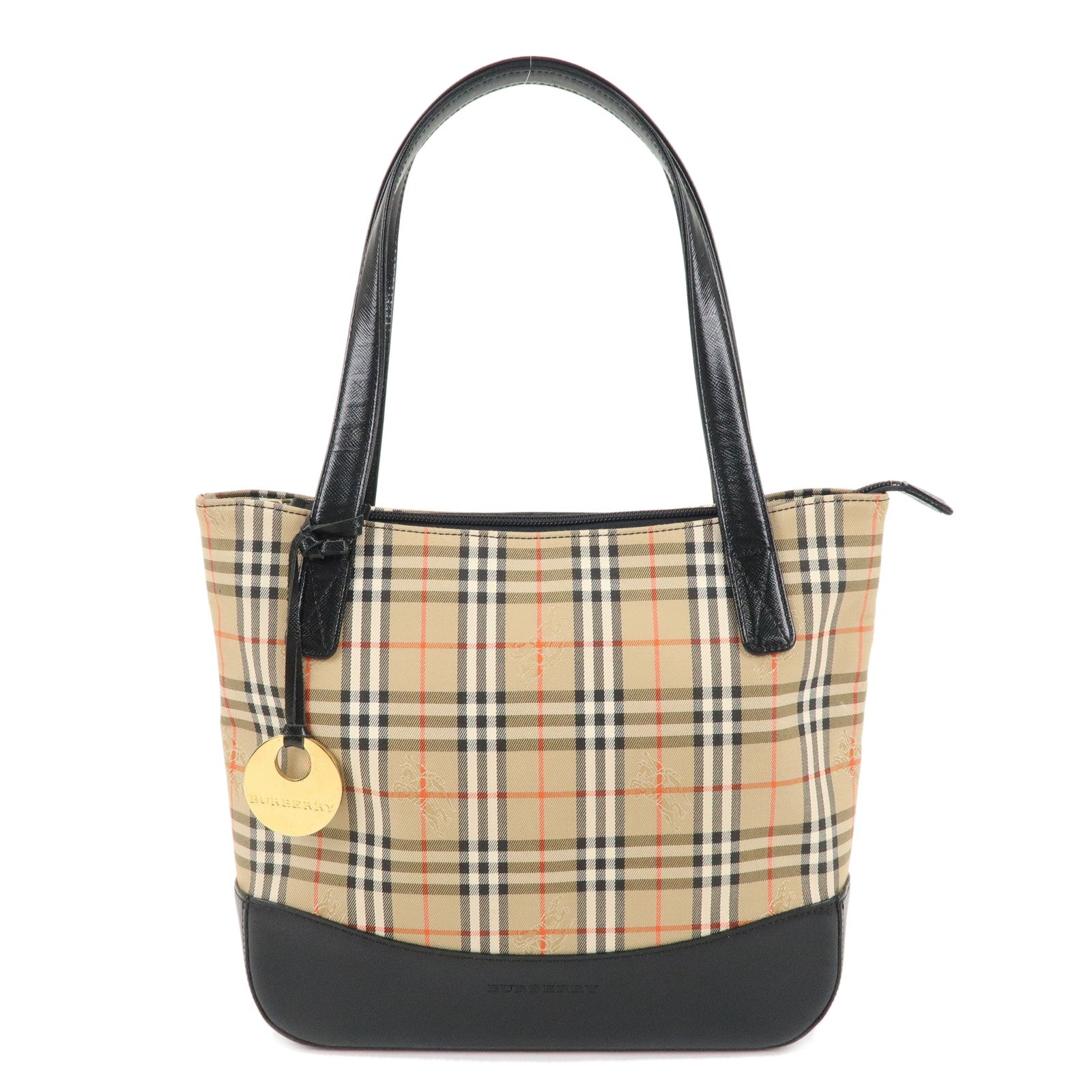 BURBERRY-Canvas-Leather-Nova-Plaid-Tote-Hand-Bag-Beige-Black