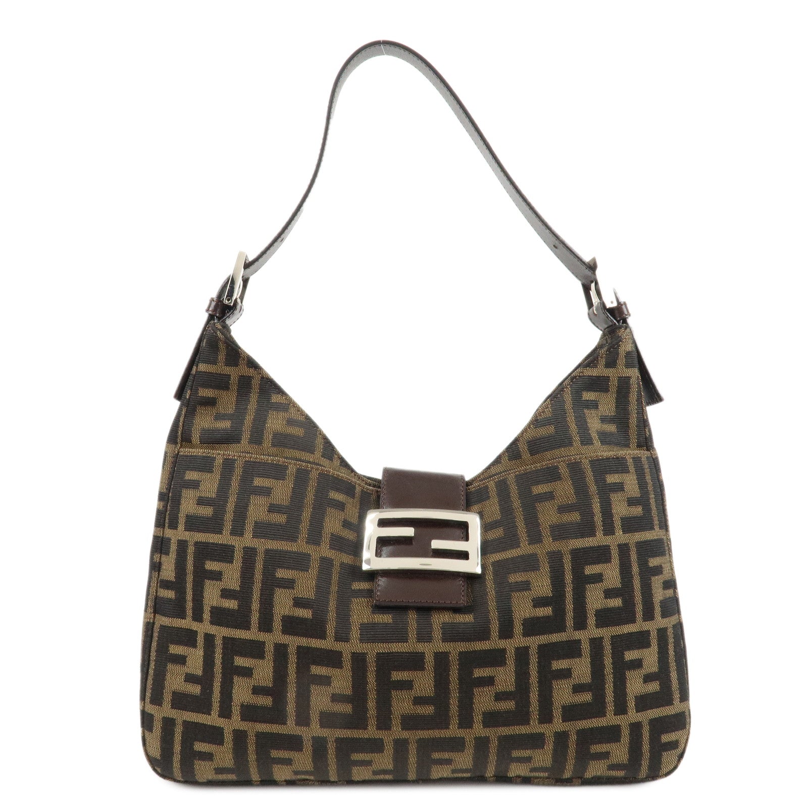 FENDI-Zucca-Canvas-Leather-Shoulder-Bag-Brown-Black-26569