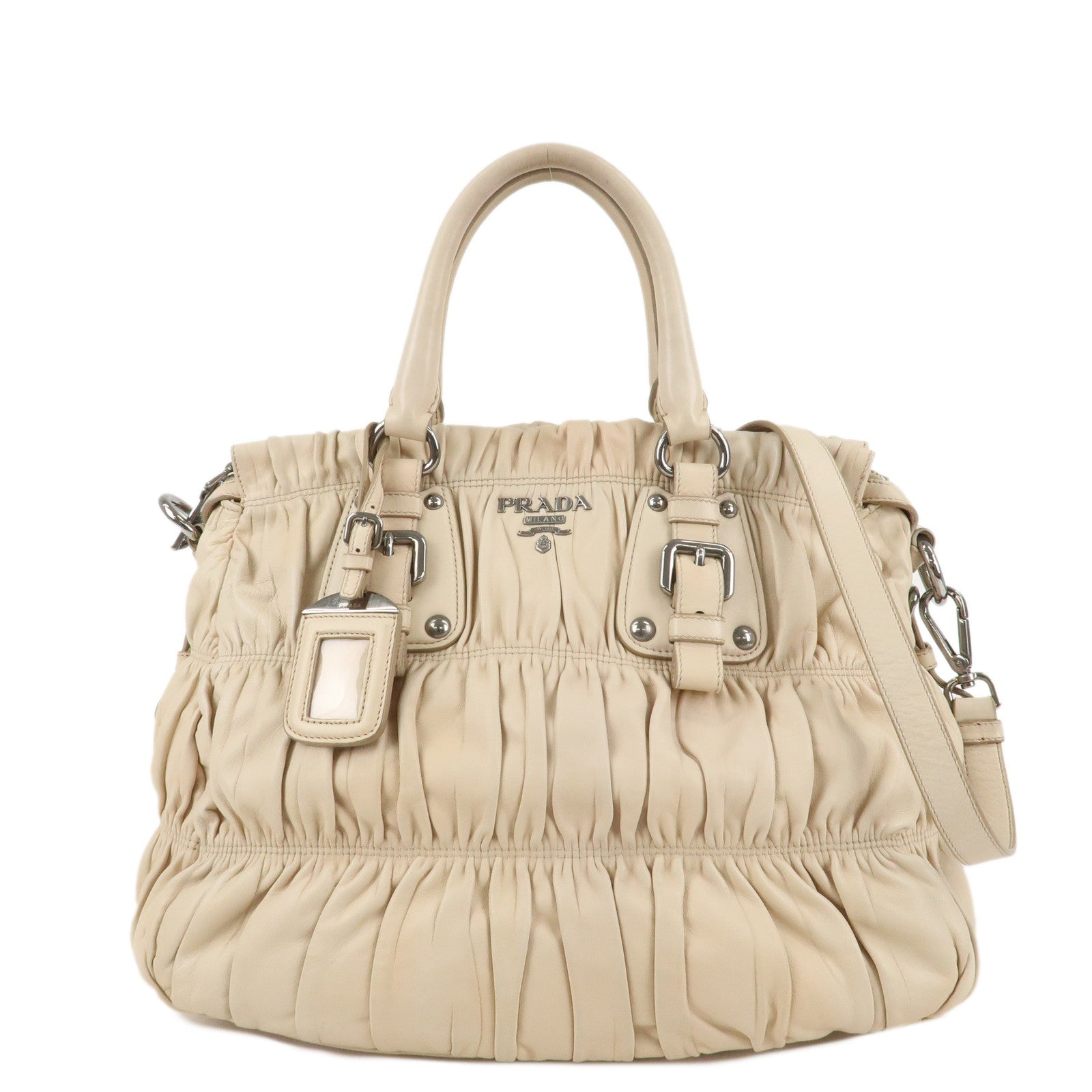 PRADA-Leather-Gathered-2WAY-Shoulder-Bag-Hand-Bag-Beige