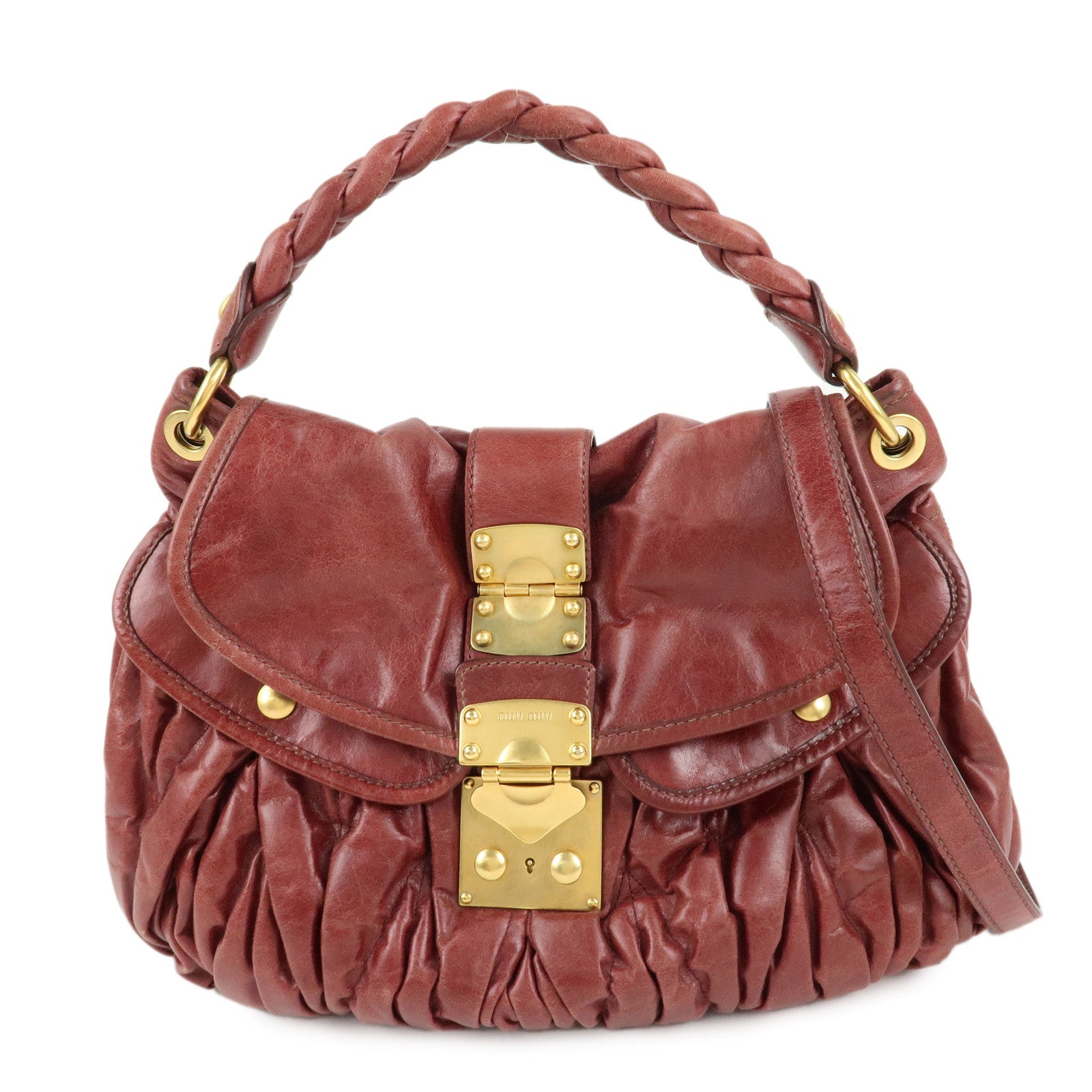 MIU-MIU-Leather-2Way-Bag-Shoulder-Bag-Hand-Bag-Brown