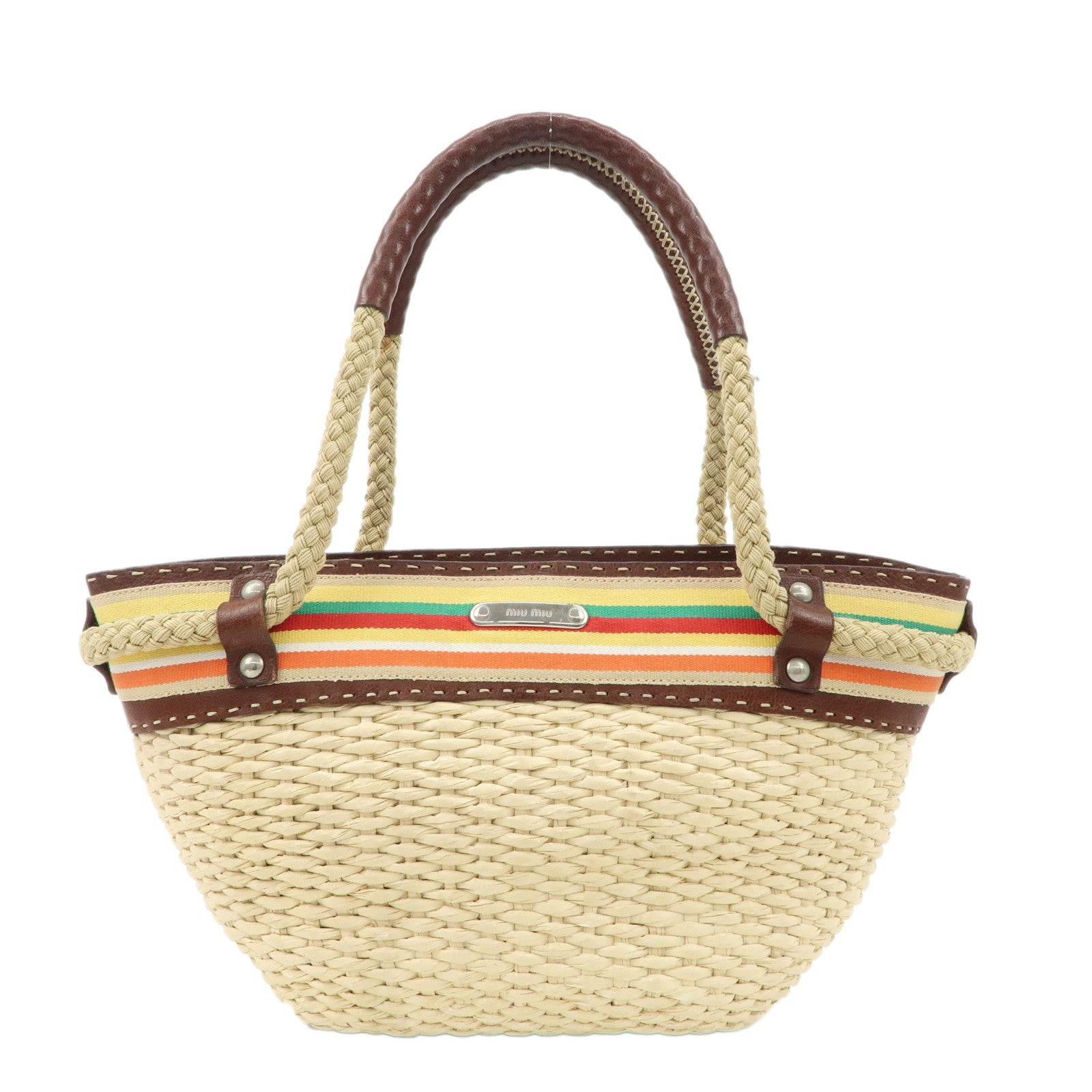 MIU-MIU-Straw-Leather-Tote-Bag-Shoulder-Bag-Beige-Multi-color