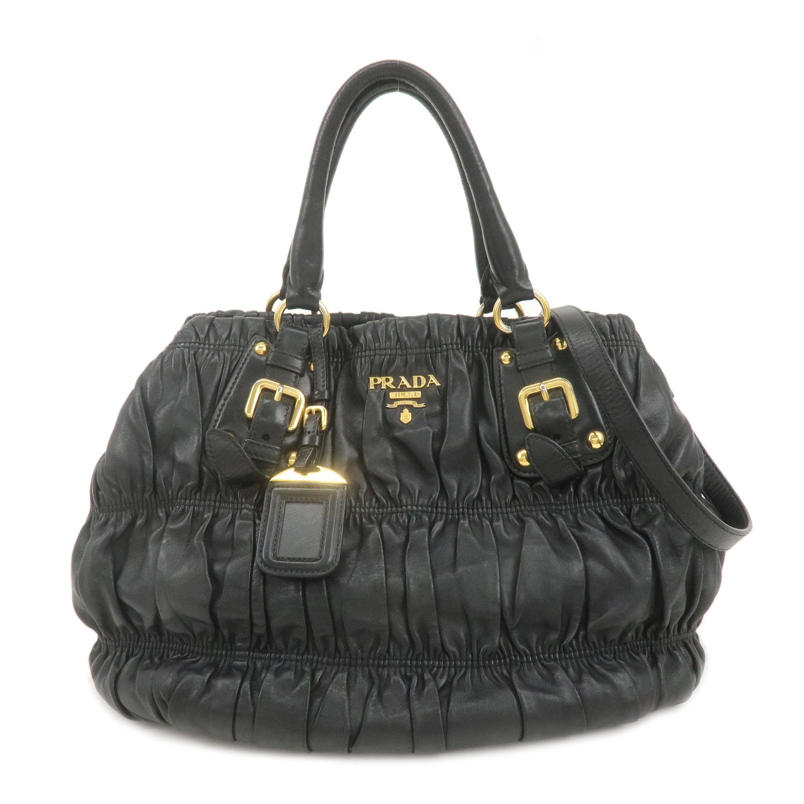 PRADA-Logo-Leather-Gather-2Way-Bag-Shoulder-Bag-Black-BN1336