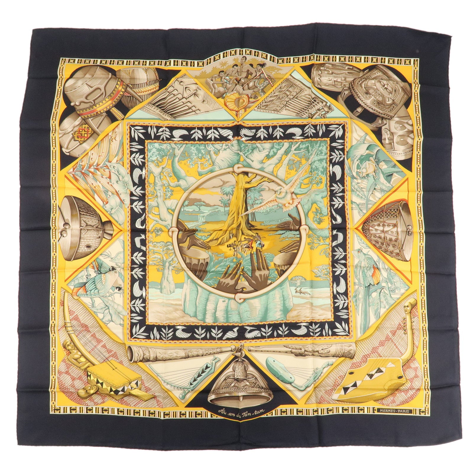 HERMES-Silk-100%-Carre-90-Scarf-Au-Son-du-Tam-Tam-Black-Beige