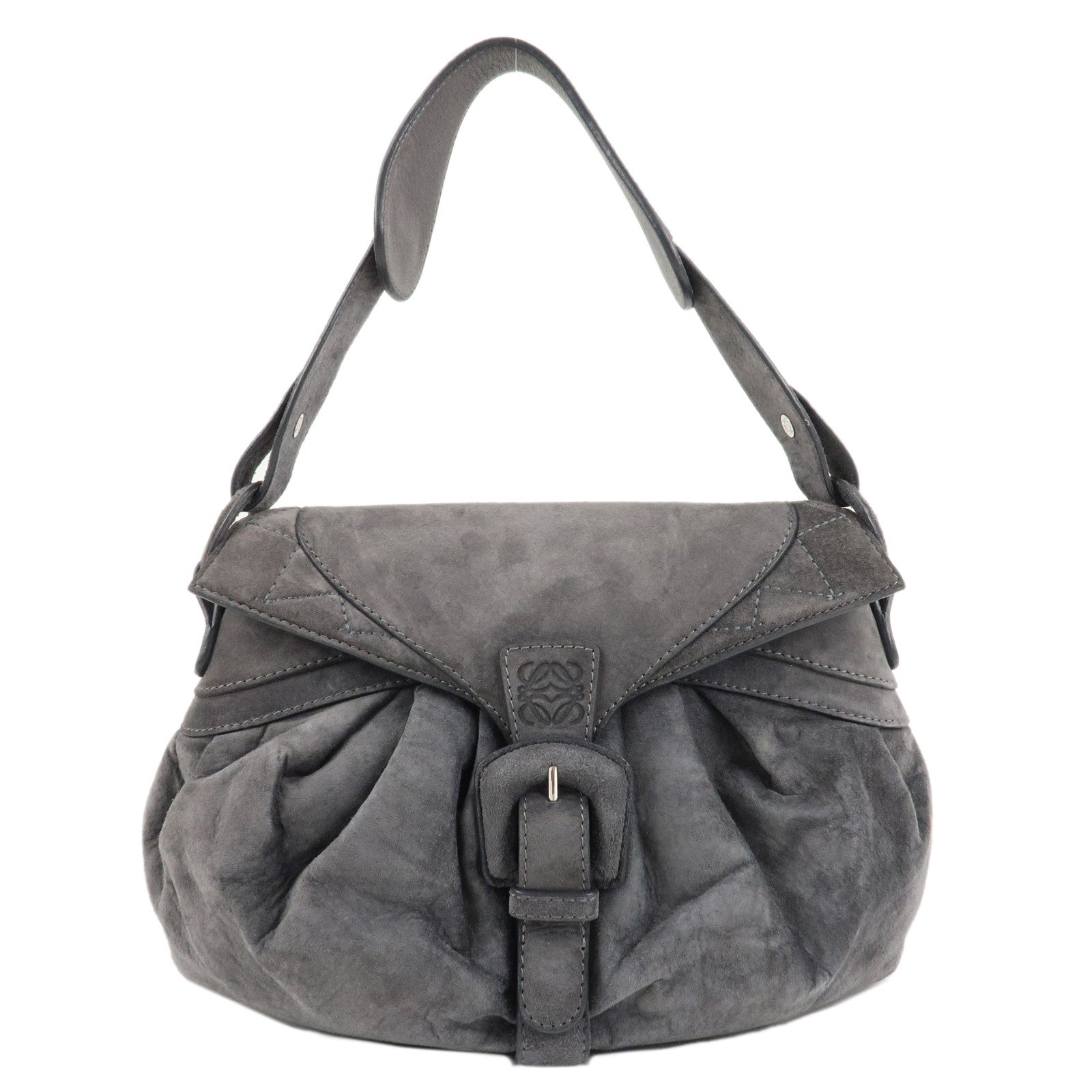 LOEWE-Anagram-Suede-Leather-Shoulder-Bag-Hand-Bag-Gray