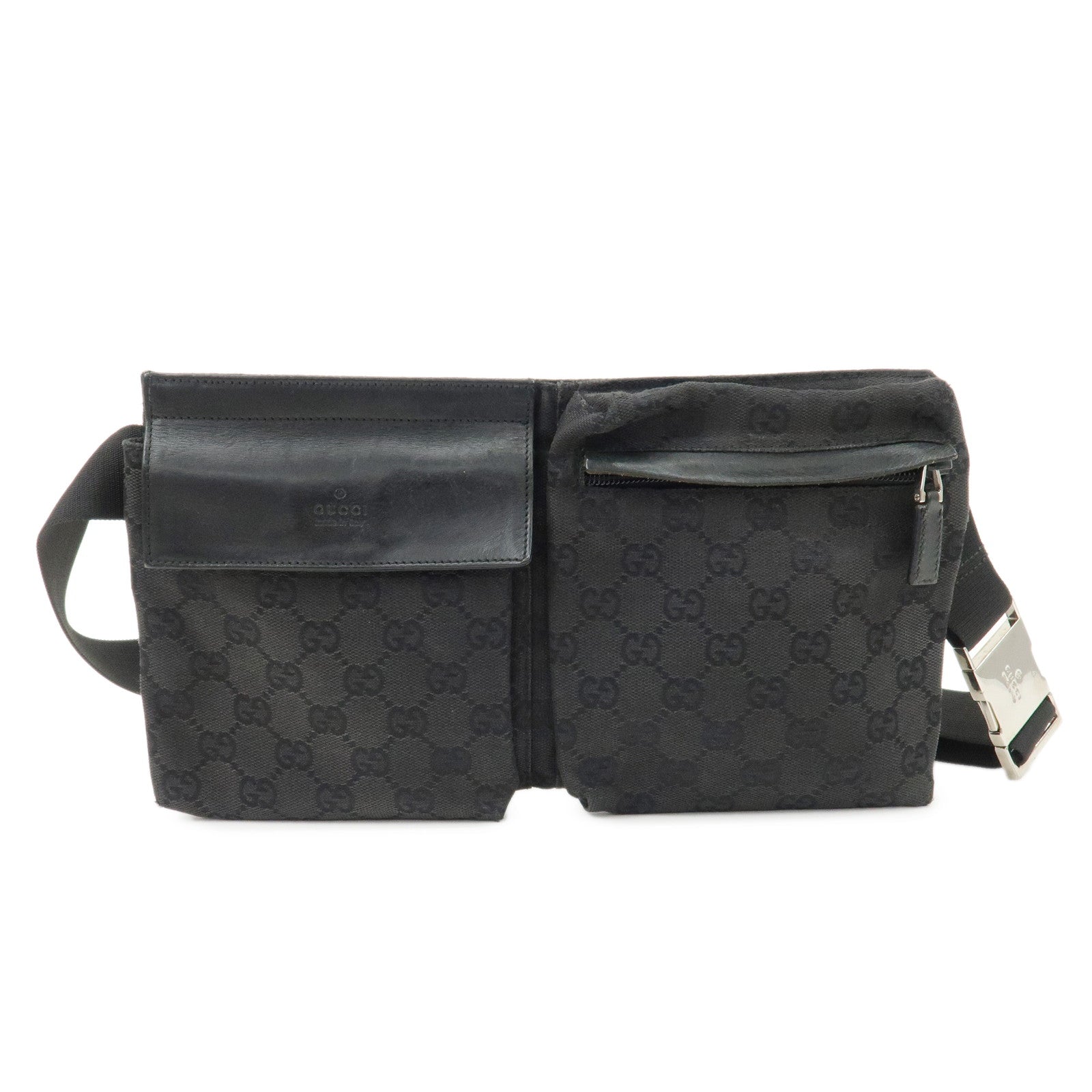 GUCCI-GG-Canvas-Leather-Waist-Bag-Crossbody-Bag-Black-28566