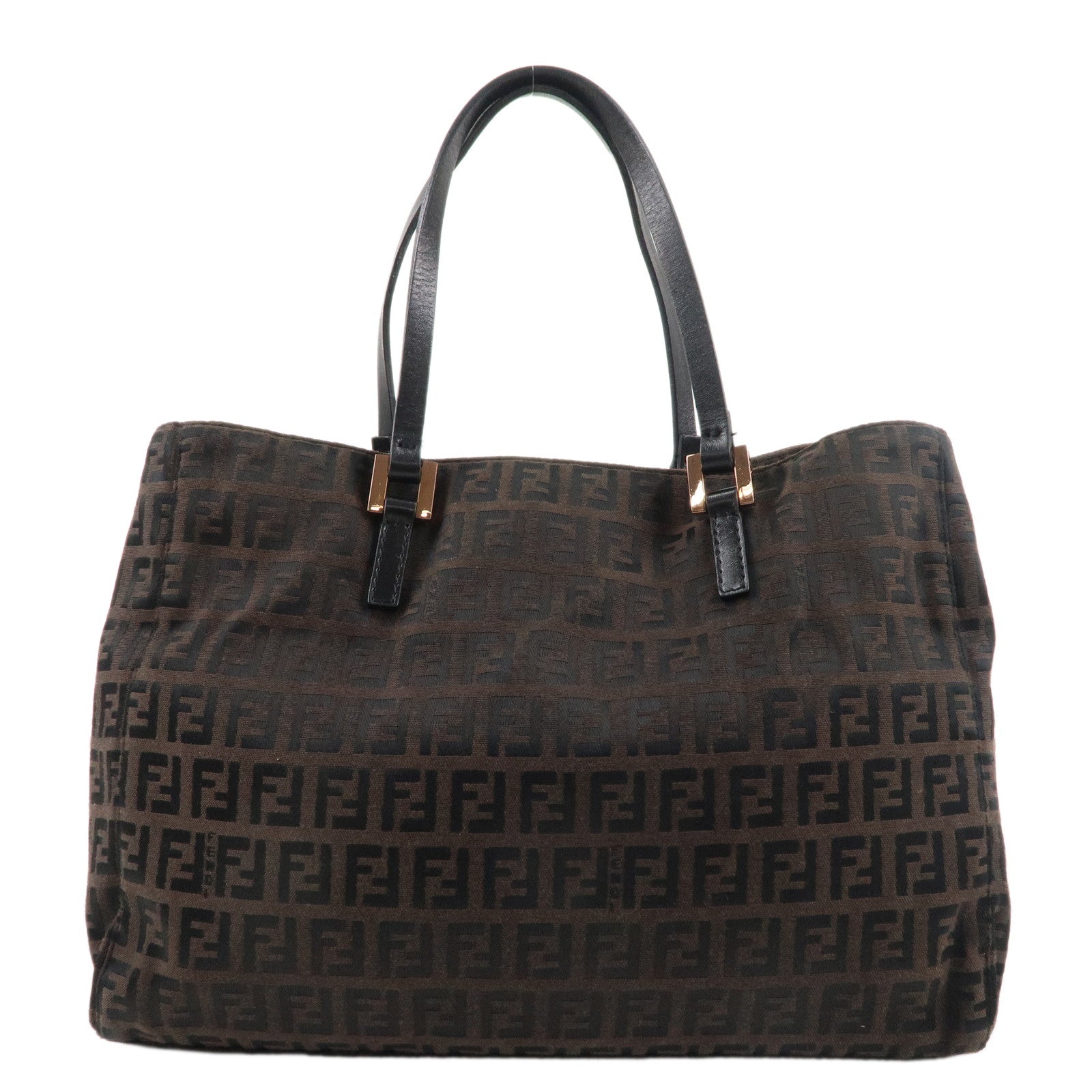 FENDI-Zucchino-Canvas-Leather-Tote-Bag-Black-Brown-8BH0180