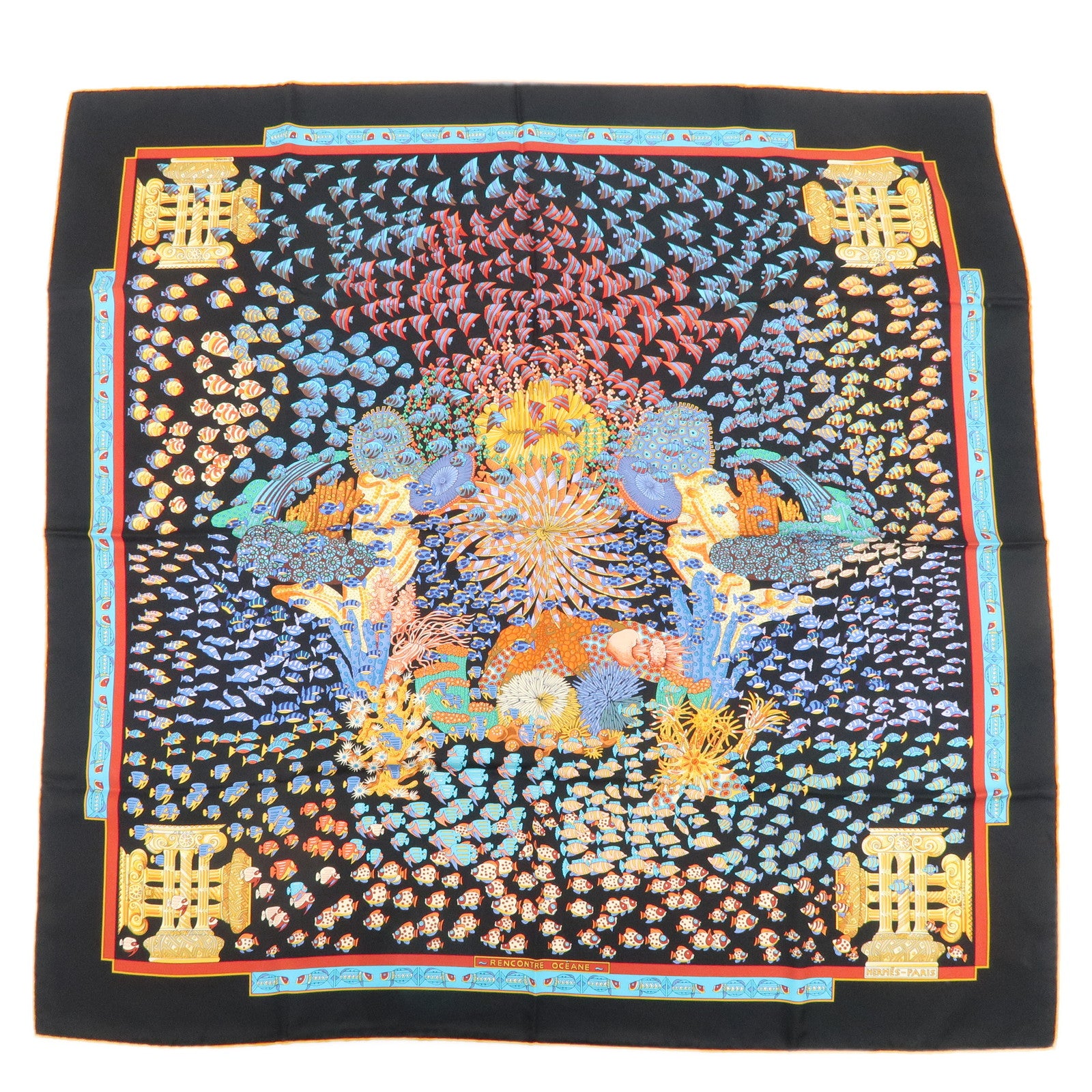 HERMES-Carre-90-Silk-100%-Scarf-RENCONTRE-OCEANE--Black-Multicolor