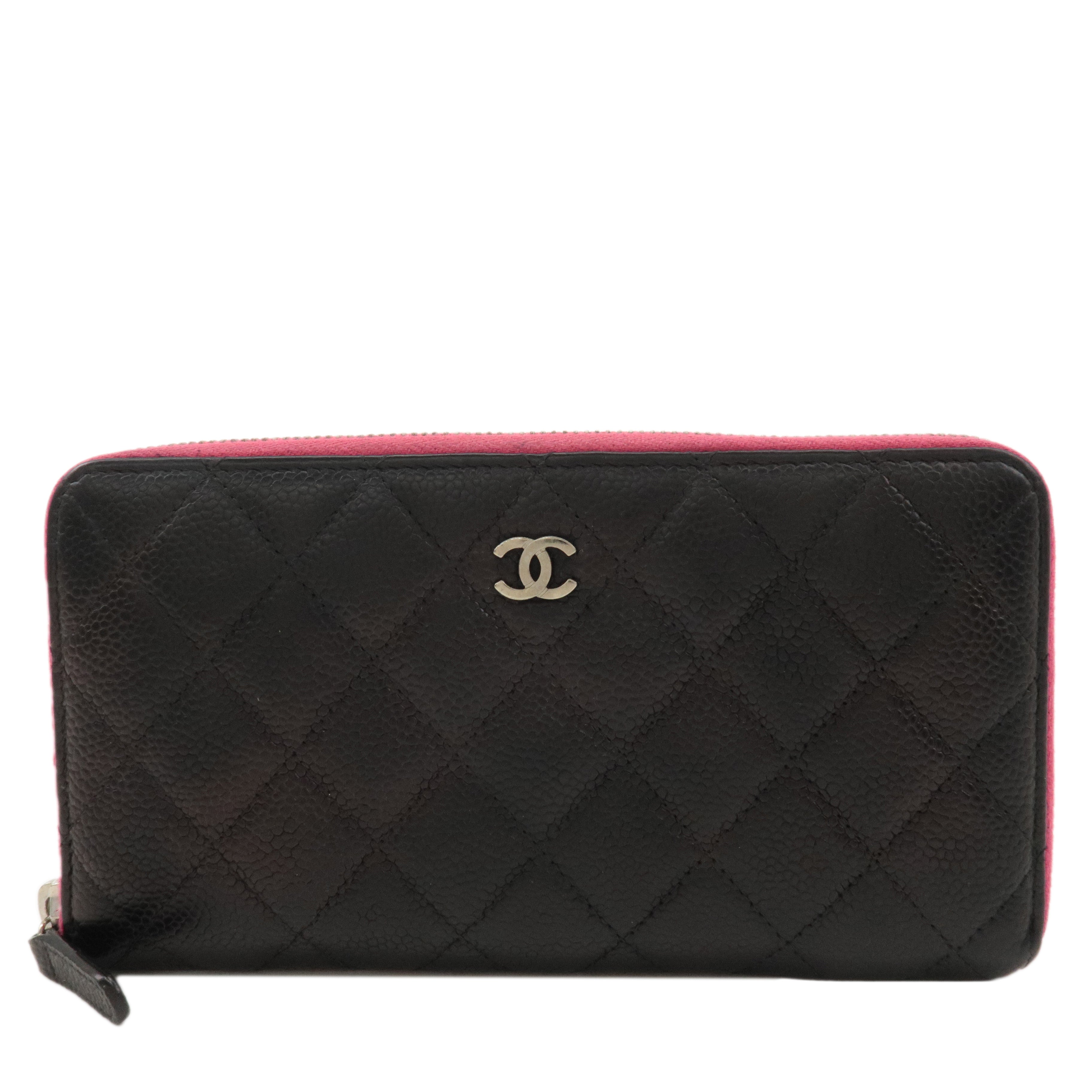 CHANEL Caviar Skin Zip Round Long Wallet Black Pink