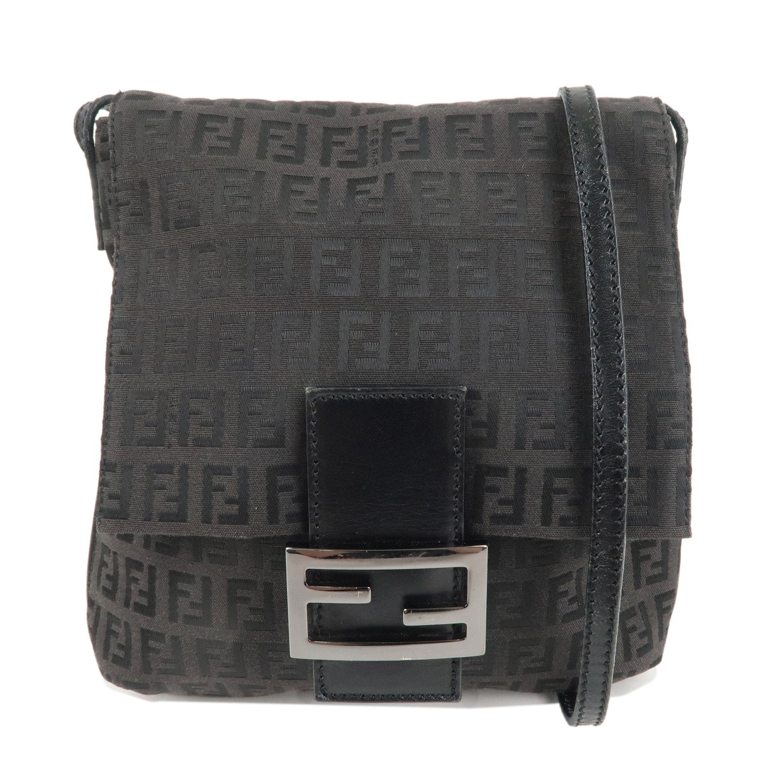 FENDI-Zucchino-Canvas-Leather-Shoulder-Bag-Black-8BT075