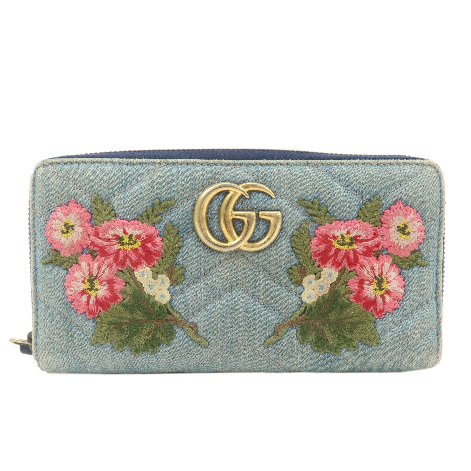 GUCCI-GG-Marmont-Denim-Leather-Double-G-Flower-Zip-Around-Wallet