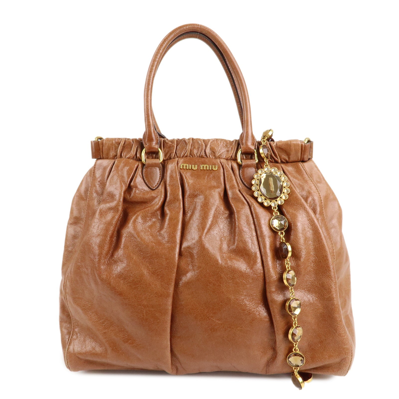 MIU-MIU-Leather-2Way-Shoulder-Bag-Hand-Bag-Brown-Gold-HDW