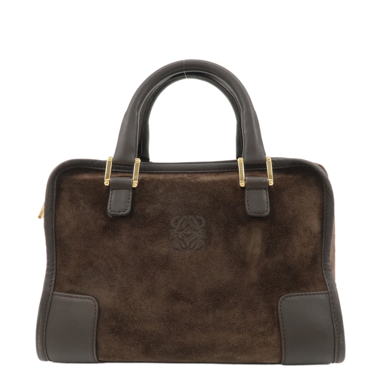 LOEWE-Anagram-Suede-Leather-Amazona27-Hand-Bag-Dark-Brown