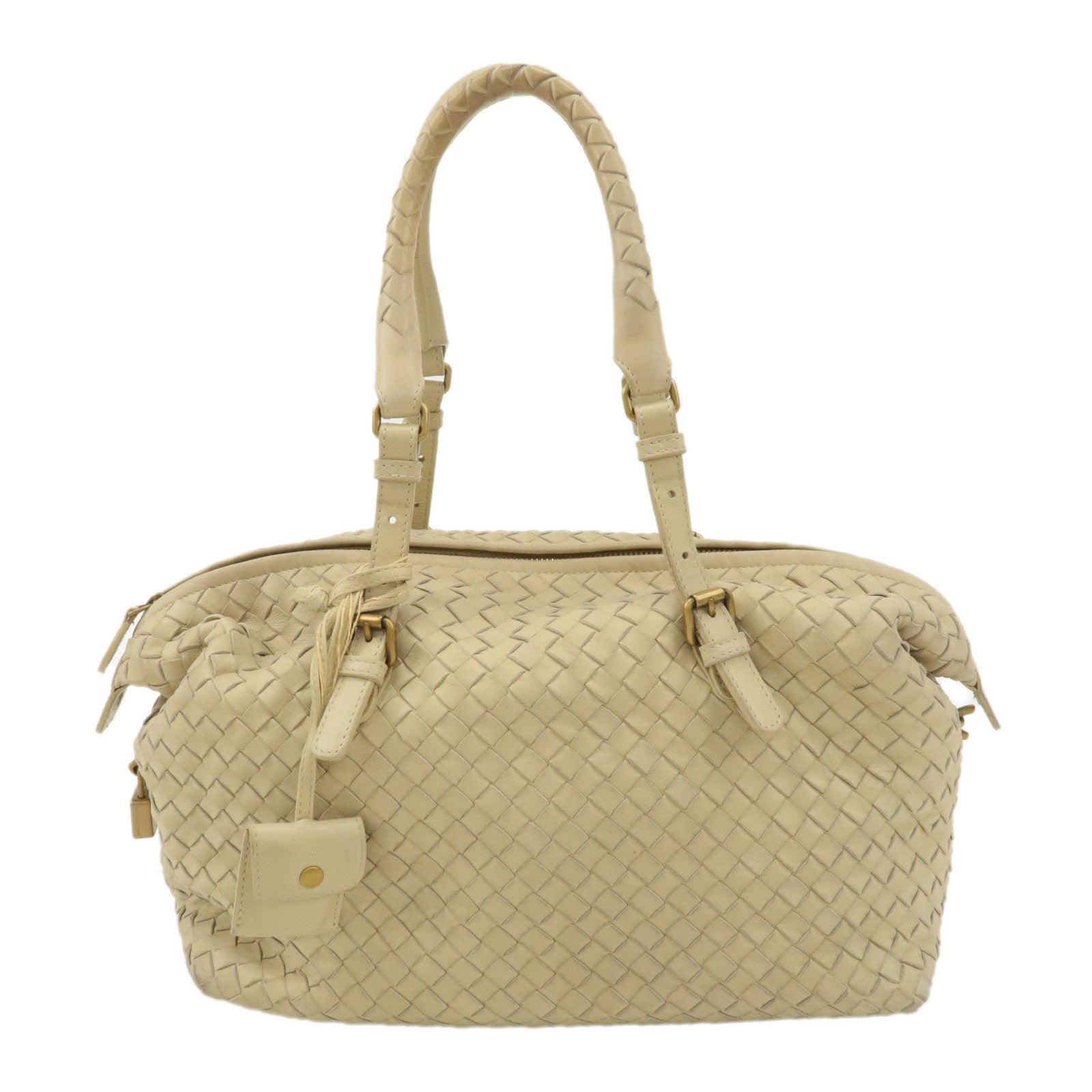 BOTTEGA VENETA Intrecciato Leather Boston Bag Beige 173398