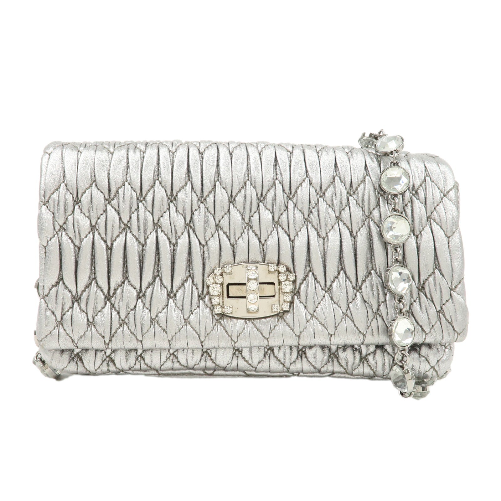 MIU-MIU-Matelasse-Leather-Nappa-Crystal-Shoulder-Bag-Silver-5BH012