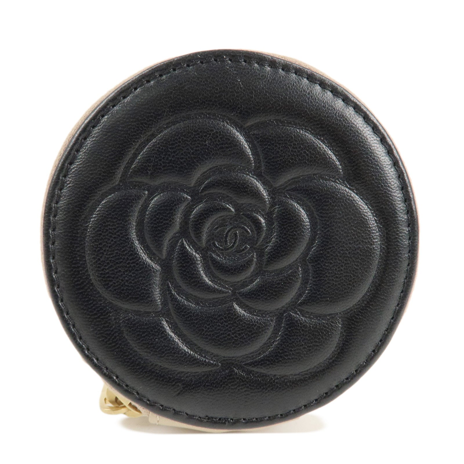 CHANEL-Camelia-Lamb-Skin-Round-Zippy-Coin-Case-Black-Beige