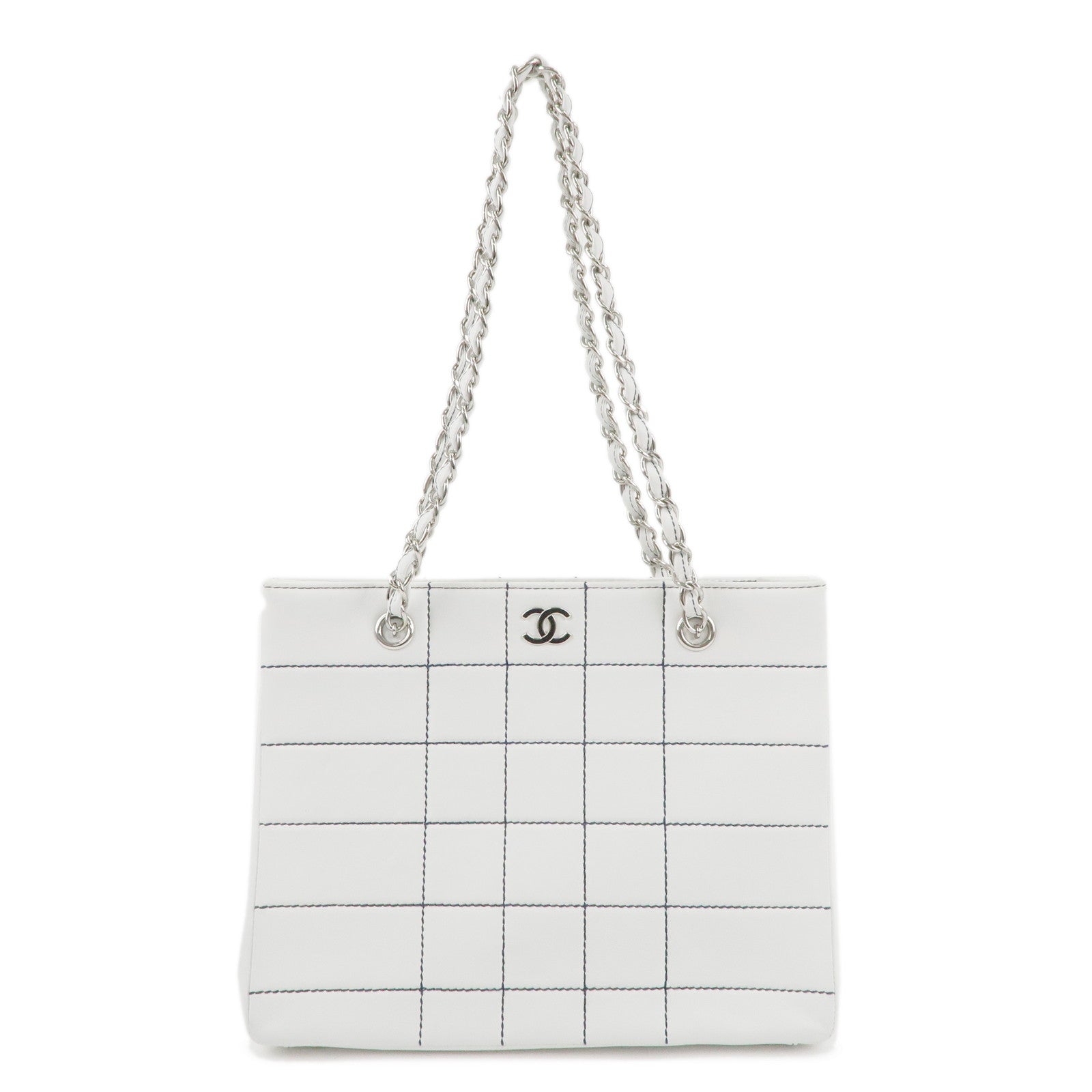 CHANEL-Chocolate-Bar-Lamb-Skin-Tote-Bag-White-Silver-A17859