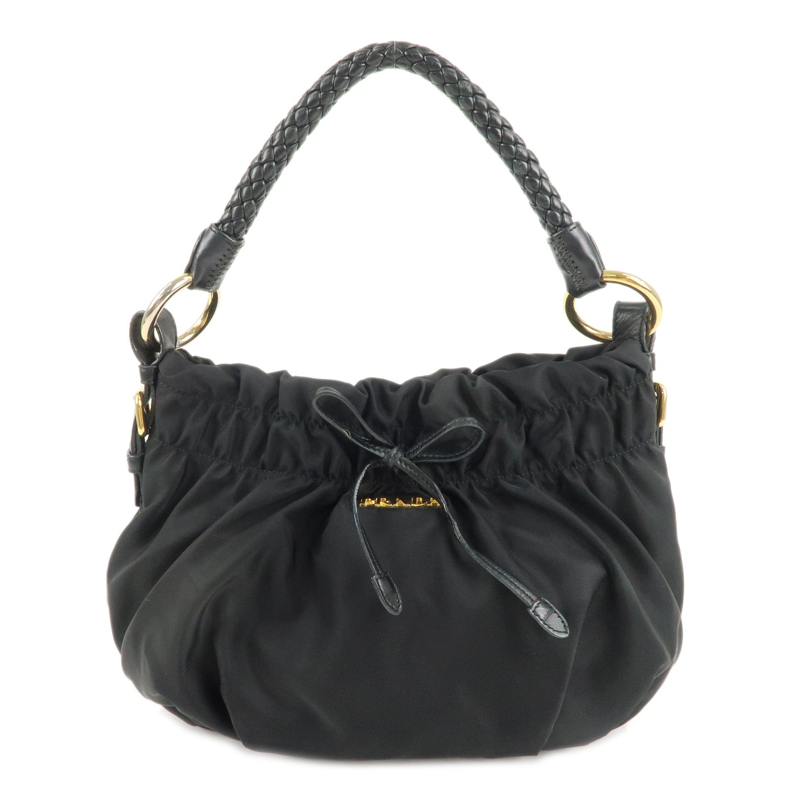 PRADA-Nylon-Leather-Gathered-One-Shoulder-Bag-Black-Gold-HDW