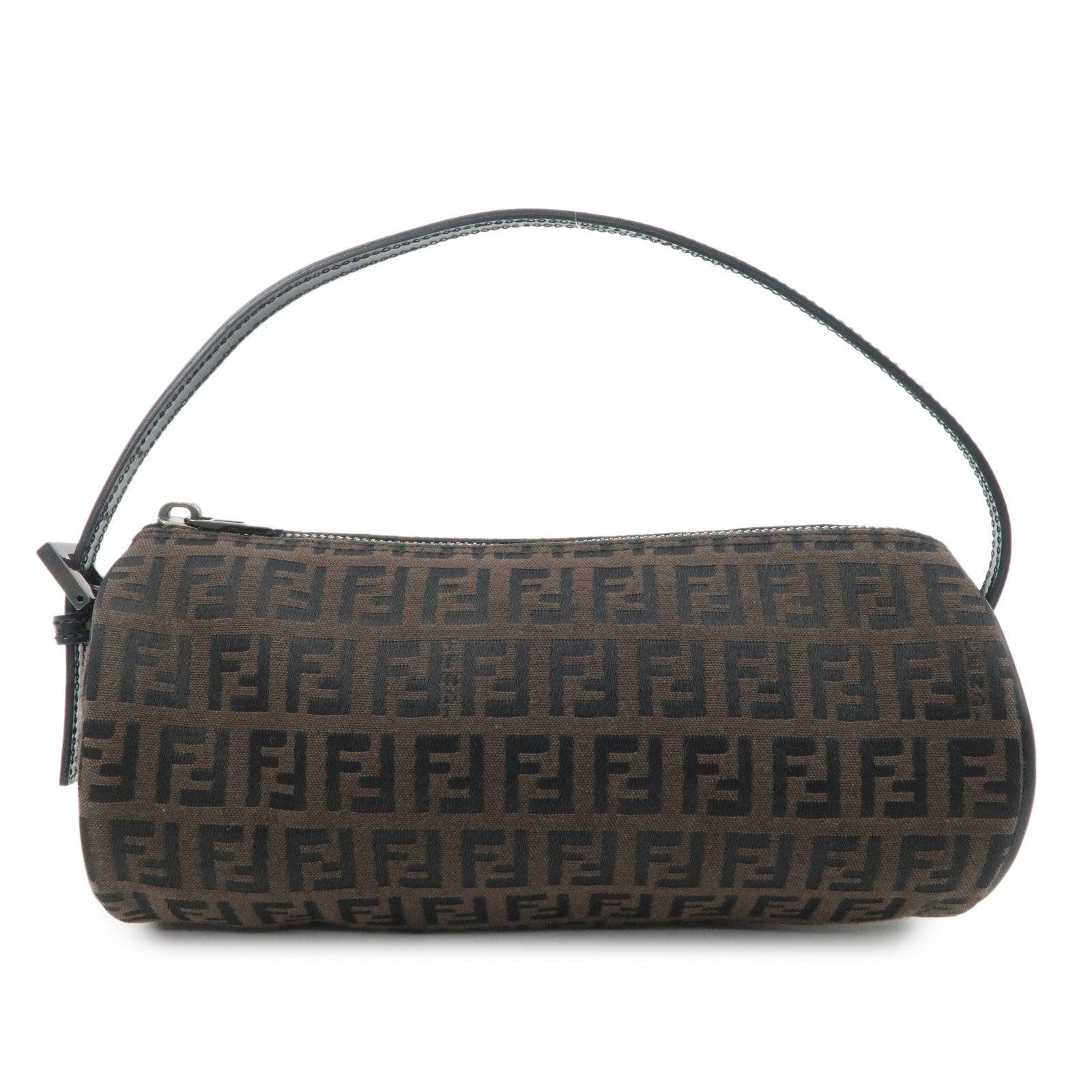 FENDI-Zucchino-Canvas-Leather-Pouch-Hand-Bag-Black-Brown-7N0016