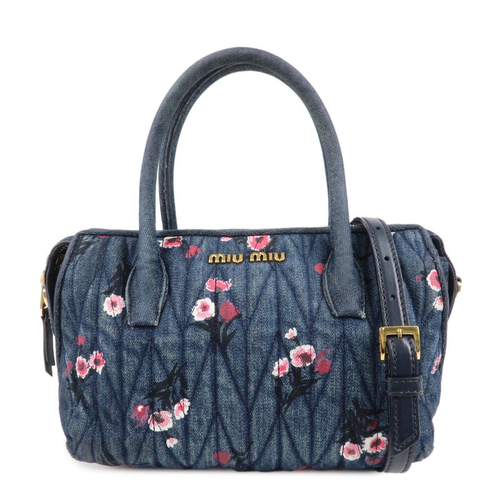 MIU-MIU-Matelasse-Denim-Leather-2Way-Bag-Hand-Bag-Flower-5BB020