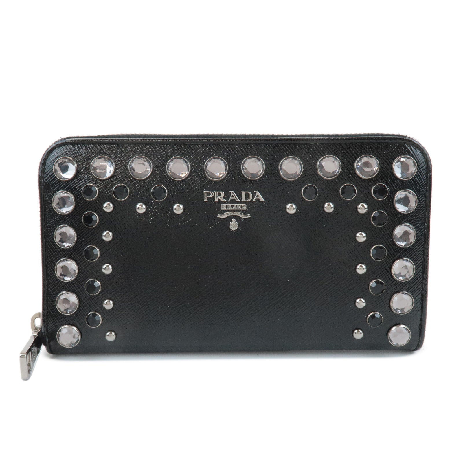 PRADA-Saffiano-Leather-Bijou-Studs-Round-Zipper-Long-Wallet-1M0506